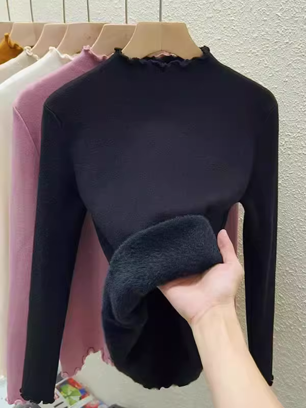Quần áo nữ châu Âu giảm giá có thương hiệu, cổ cao nửa cổ có viền xếp nếp, lớp lót bên trong bằng lông cừu tích hợp, dày dặn để giữ ấm, áo len bên trong.