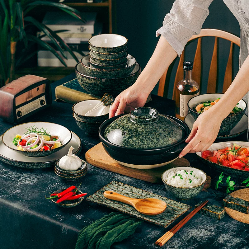 Bát đĩa kiểu cổ điển Trung Quốc, bộ đồ ăn màu xanh ngọc lục bảo được làm thủ công bằng lò nung, bát đũa kiểu Nhật, bát cơm, đĩa, bát súp dành cho một người.