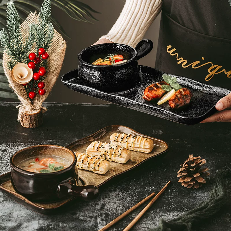 Bộ đồ ăn sáng kiểu Nhật dành cho một người, bao gồm bát và đũa, bộ bát đĩa tinh tế, bát đựng salad, ngũ cốc, trái cây có tay cầm.