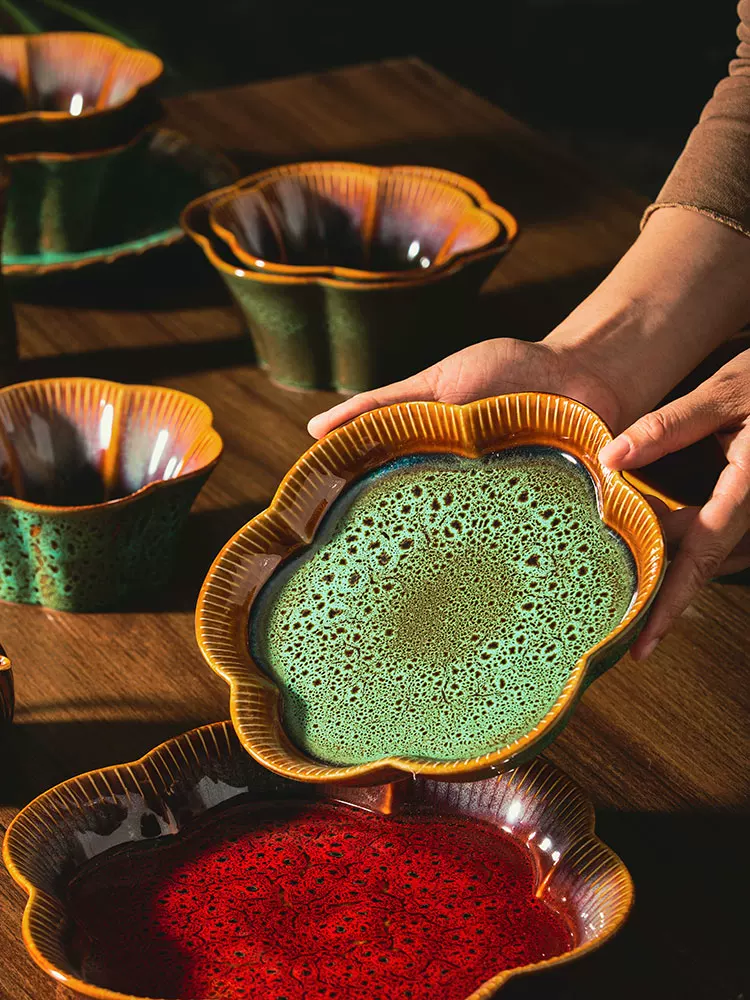 Đĩa gốm nung lò Cảnh Đức Trấn dùng trong gia đình, đĩa nông, đĩa tráng miệng, bộ đồ ăn cao cấp phong cách cổ điển, đĩa viền hoa kiểu Trung Quốc.