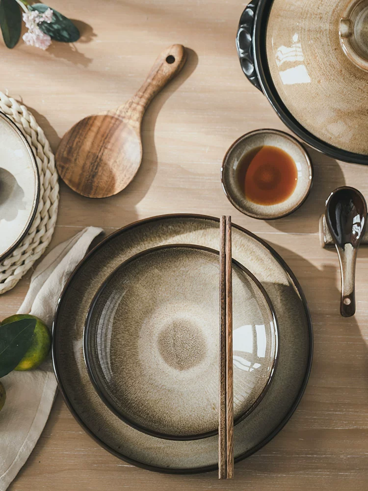 Bộ đồ ăn gia dụng, bộ đồ ăn gốm đất tím Jingdezhen nung lò, đĩa và bát kiểu Nhật cao cấp, phong cách Trung Hoa và Nhật Bản sang trọng nhẹ nhàng.