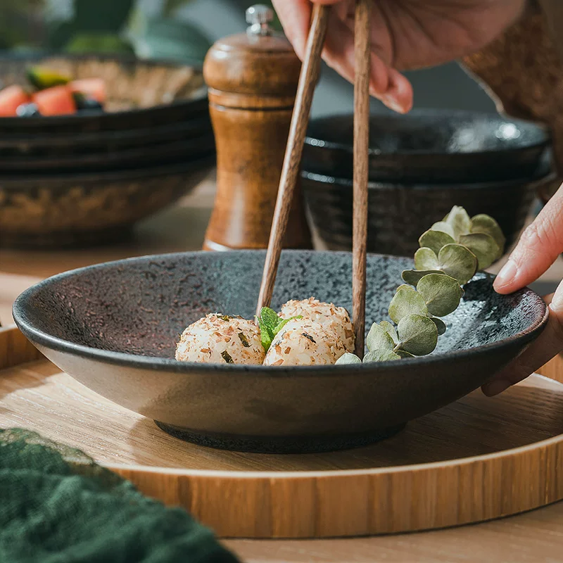 Đĩa sứ kiểu Nhật, đĩa sáng tạo, đĩa ăn tròn gia dụng phong cách retro, bát salad cao cấp, đĩa súp, đĩa sâu lòng, bộ đồ ăn.