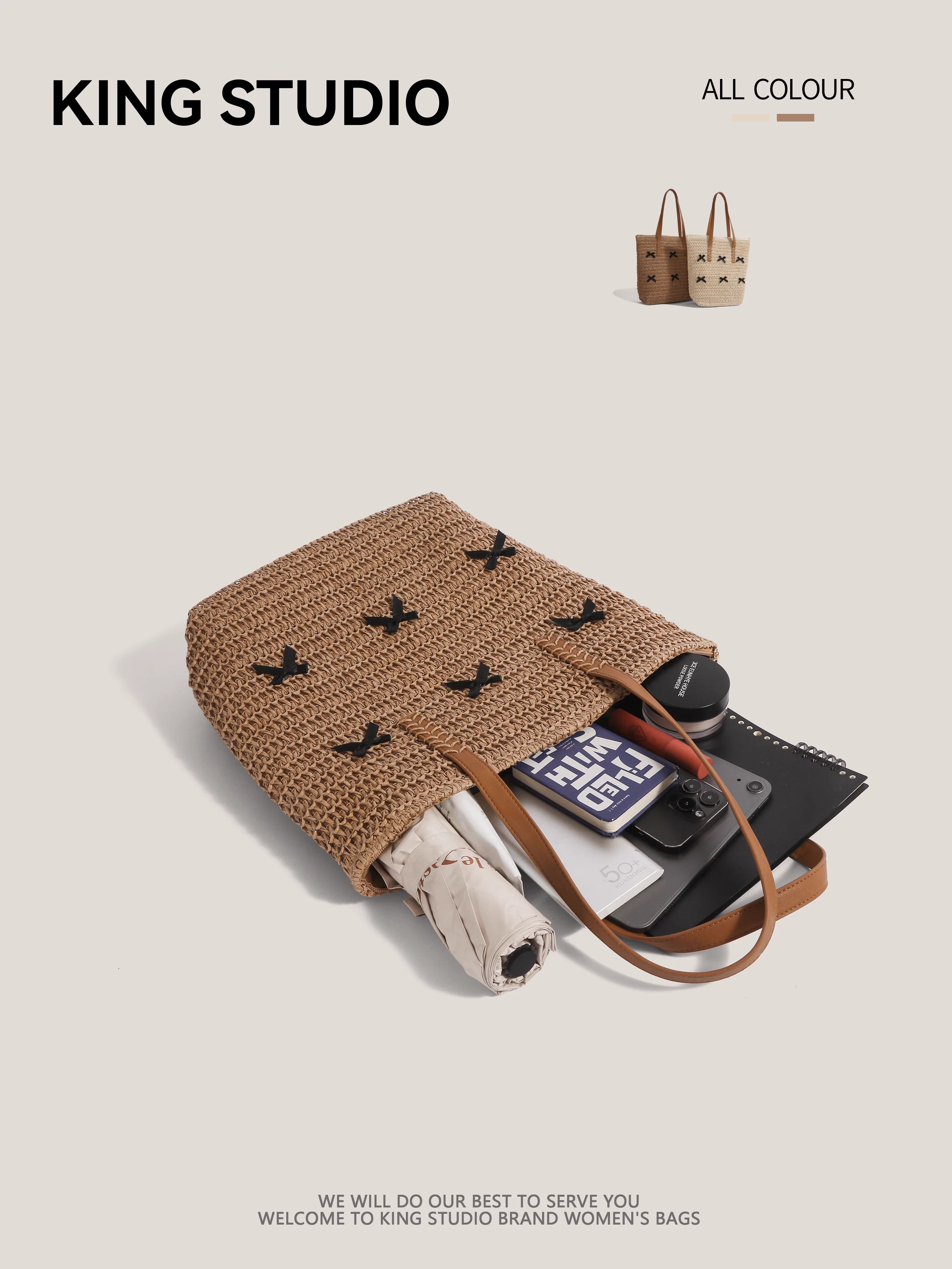 Túi cói thắt nơ dành cho nữ, mẫu mới hè 2025, phong cách nghỉ dưỡng, túi tote cỡ lớn, kiểu retro