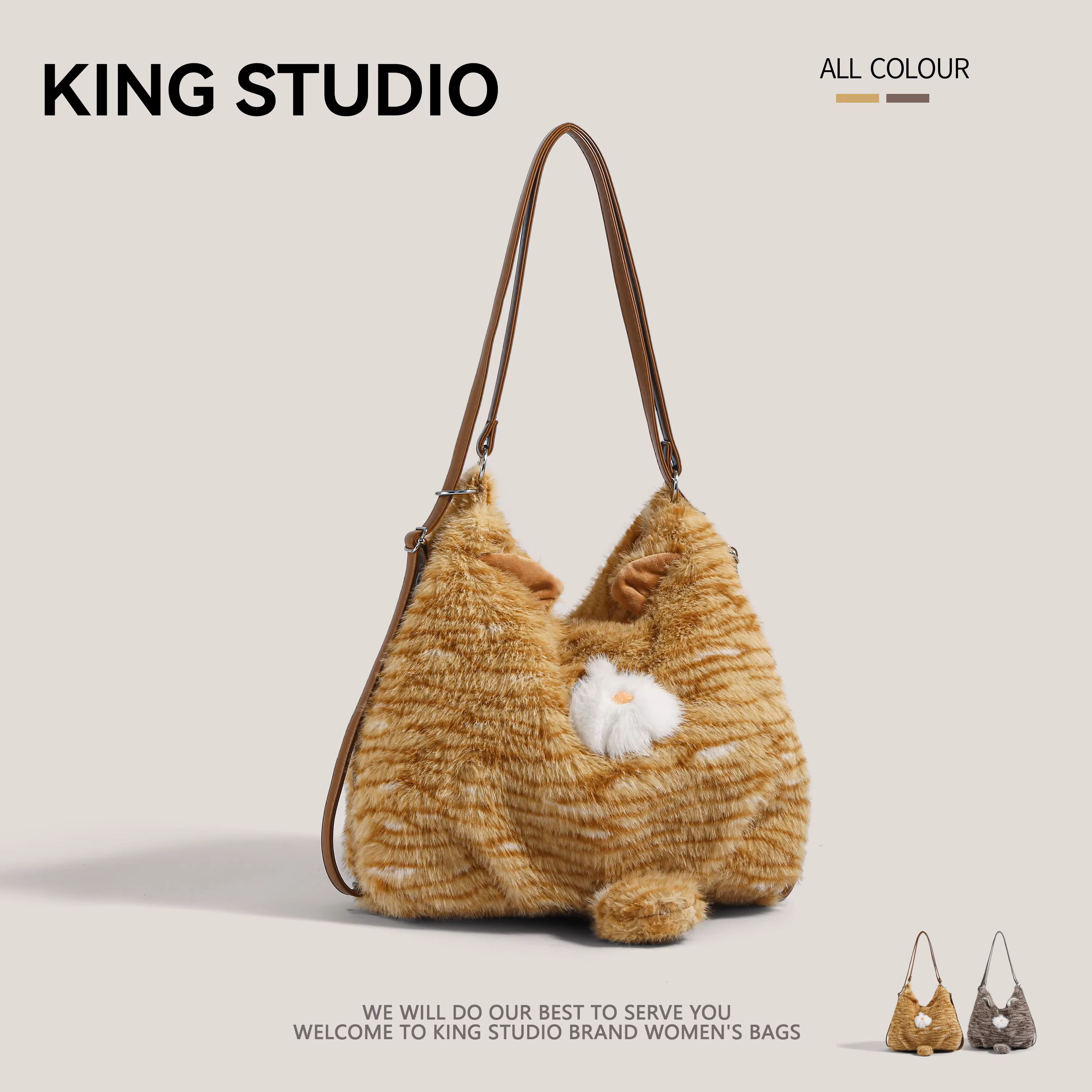 Túi lông thú mèo gấu trúc dành cho nữ 2025, mẫu mới thời trang, dễ thương, balo đeo vai, túi tote đi làm dung tích lớn