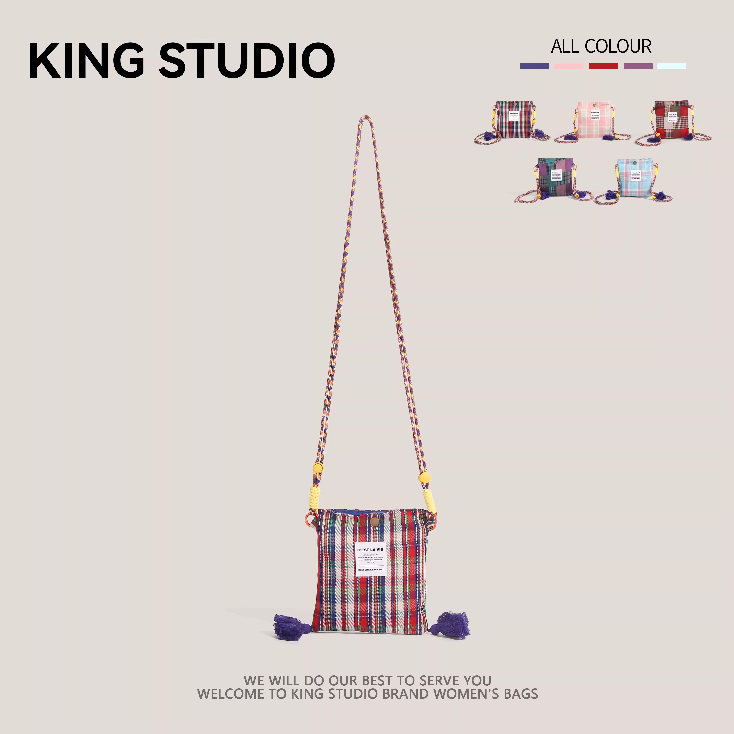 Túi điện thoại mini đeo chéo phong cách retro nghệ thuật nhiều màu sắc họa tiết kẻ caro thiết kế độc đáo năm 2025, kèm tua rua