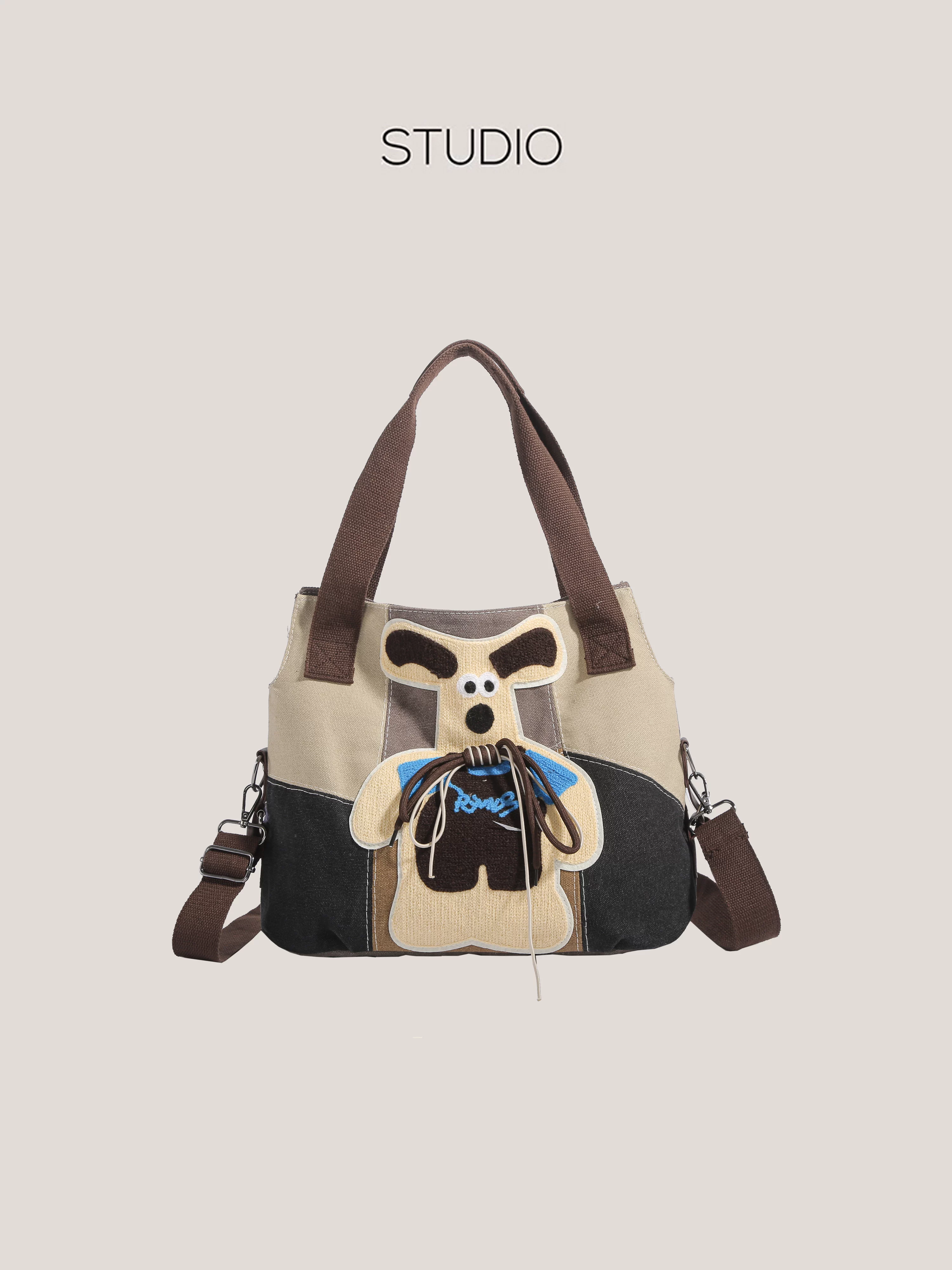 Túi vải canvas hình chú chó con dễ thương phong cách retro, túi đeo chéo đi làm dung tích lớn, túi tote đeo vai đơn phối màu phong cách Nhật Bản dành cho học sinh.