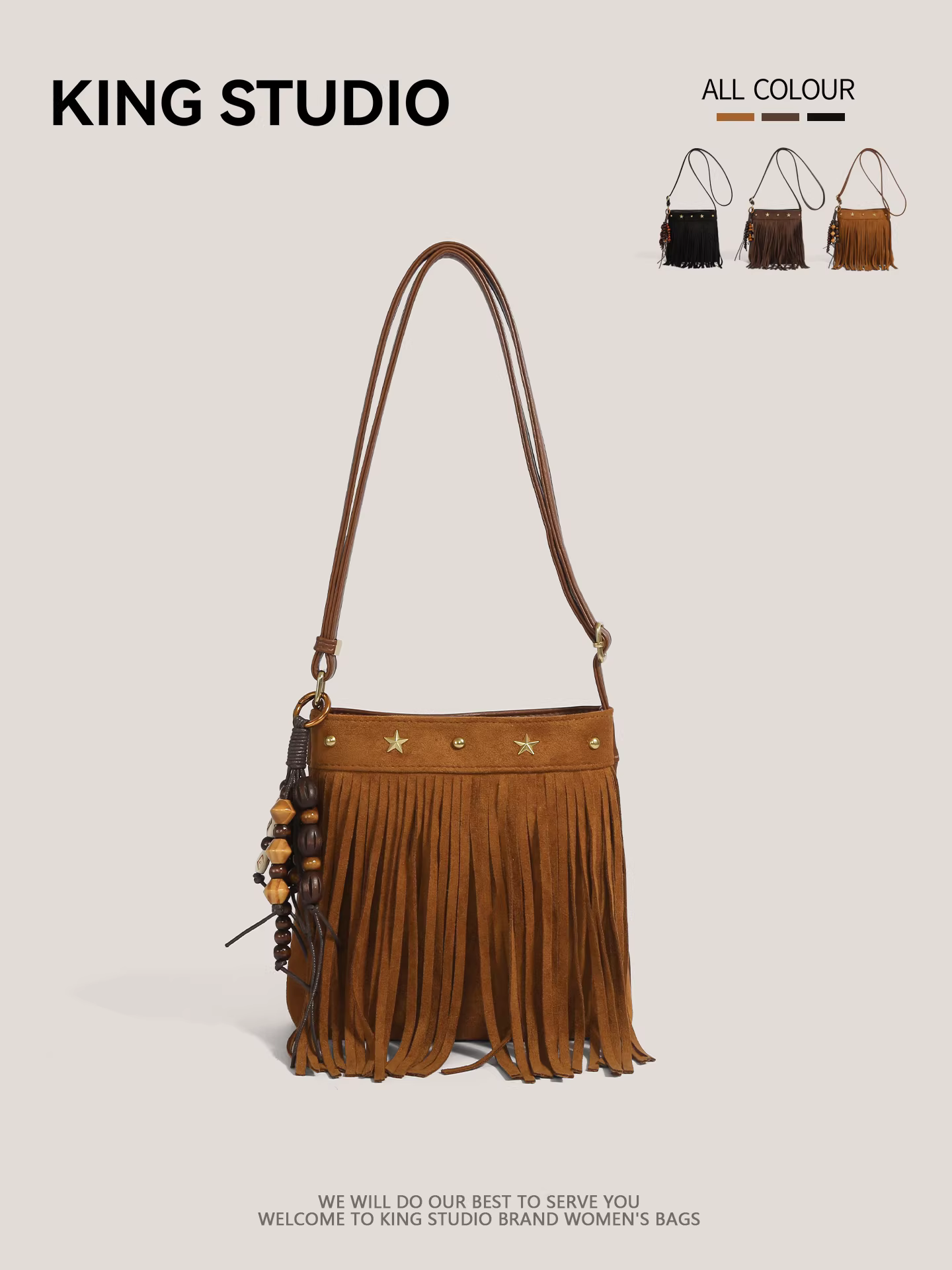 Túi đeo chéo nữ da lộn retro nhẹ nhàng, đa năng, kiểu dáng mới 2025, phong cách boho, có tua rua