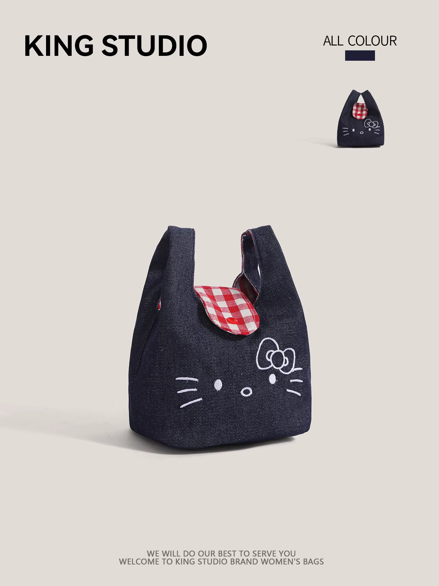 Túi đeo tay thêu hình mèo con dễ thương, túi tote nhỏ bằng vải denim mới, túi đựng đồ tiện lợi khi đi chơi, túi xách phối màu.