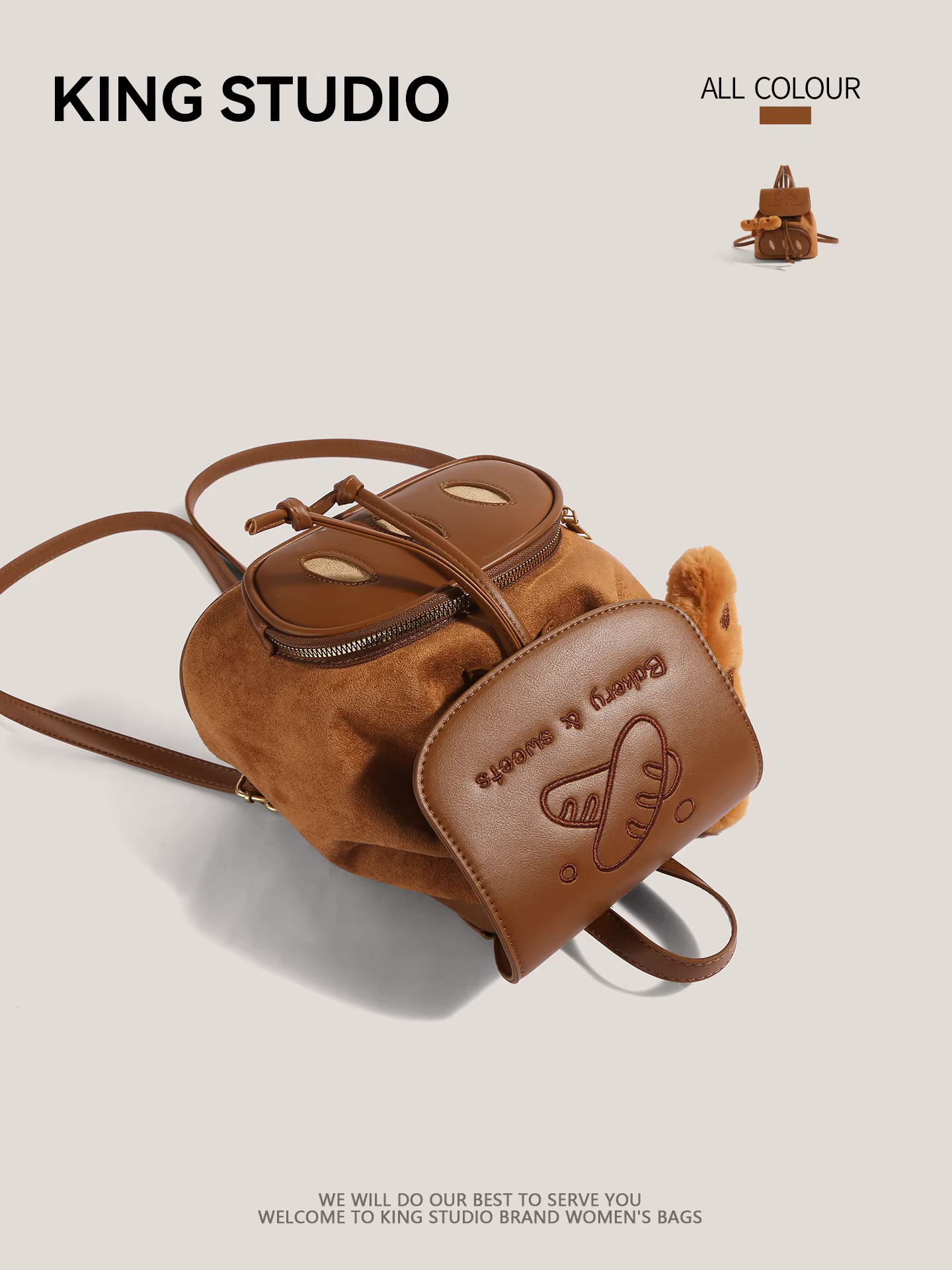 Ba lô thêu hình bánh mì hoạt hình dễ thương dành cho nữ 2025, ba lô cao cấp độc đáo chất liệu da lộn, cặp sách học sinh