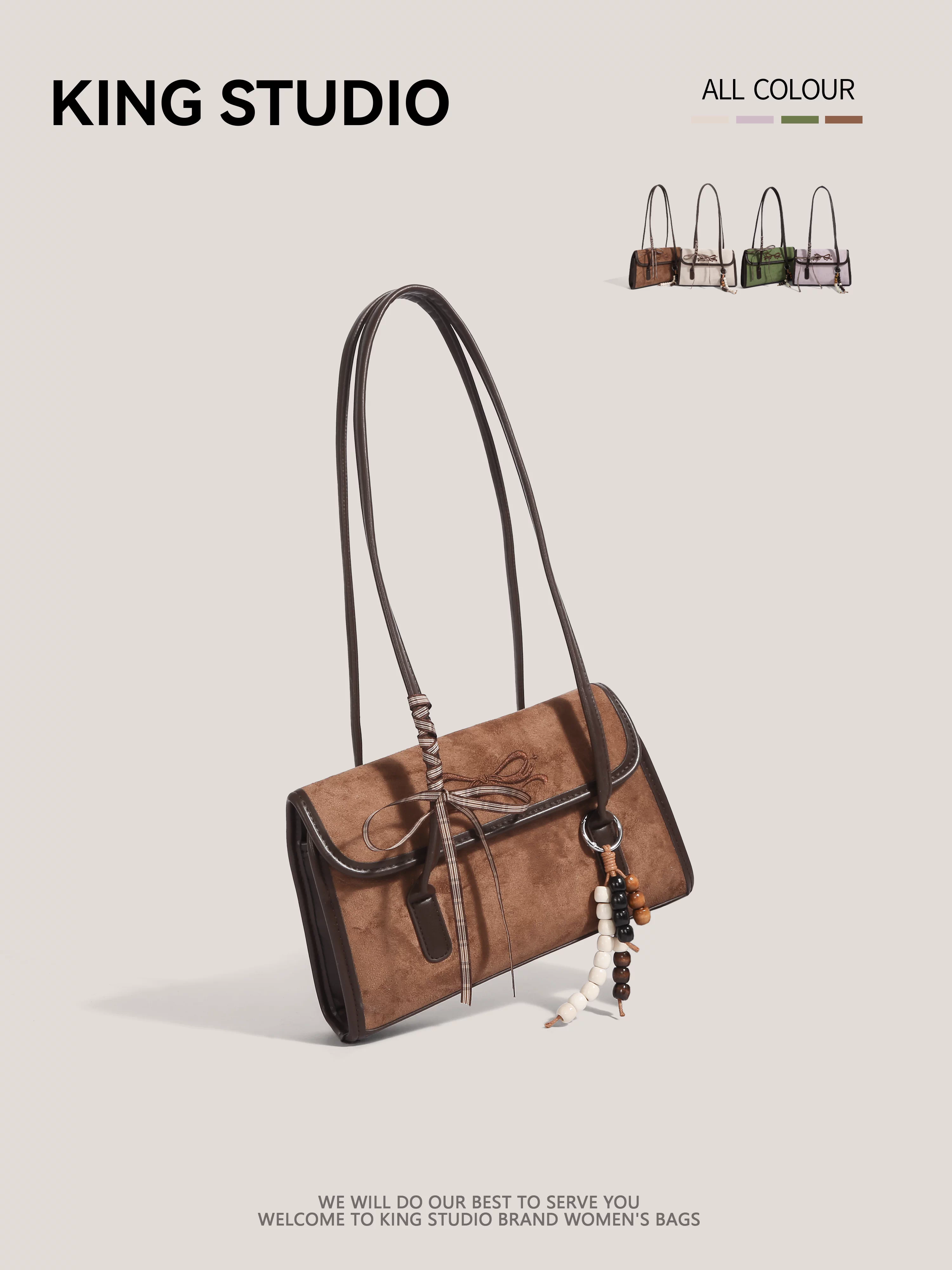 Túi xách da lộn Maillard cỡ lớn dành cho nữ, kiểu mới thu đông 2025, nơ retro, chất liệu mờ, đeo vai/nách