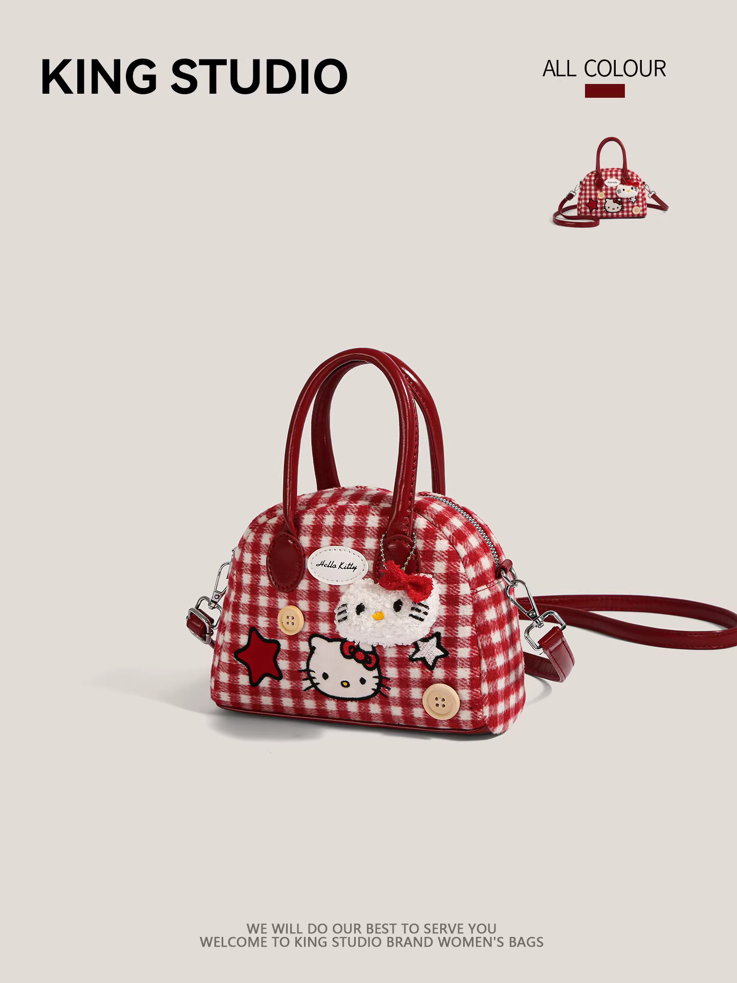 Túi xách Hello Kitty dễ thương dành cho nữ, mẫu mới 2025, kiểu dáng độc đáo, túi đeo vai chéo kẻ caro, túi bowling mini