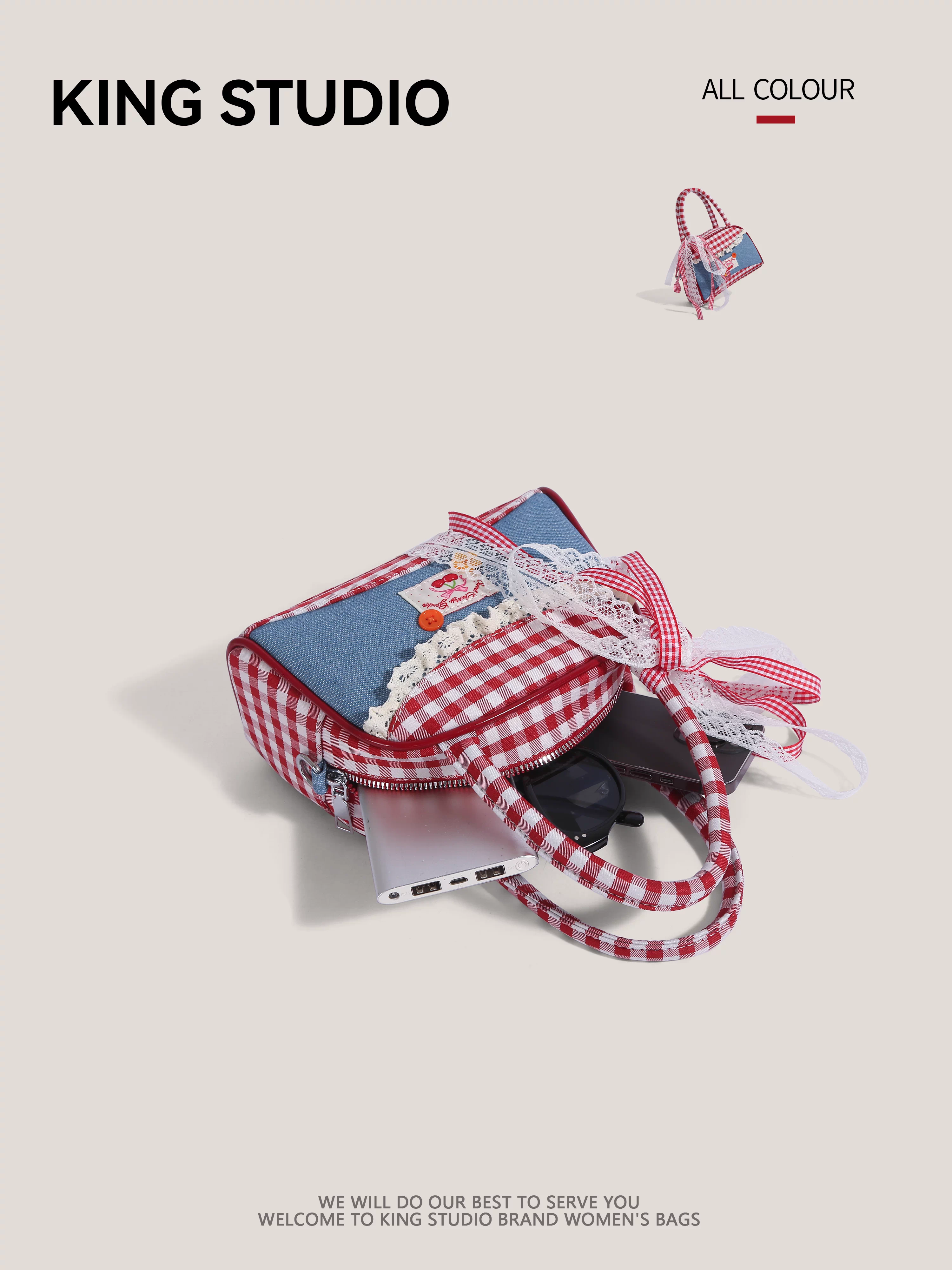 Túi xách bowling kẻ caro nơ denim thời trang nữ 2025 mới, đa năng, đeo vai, đeo chéo