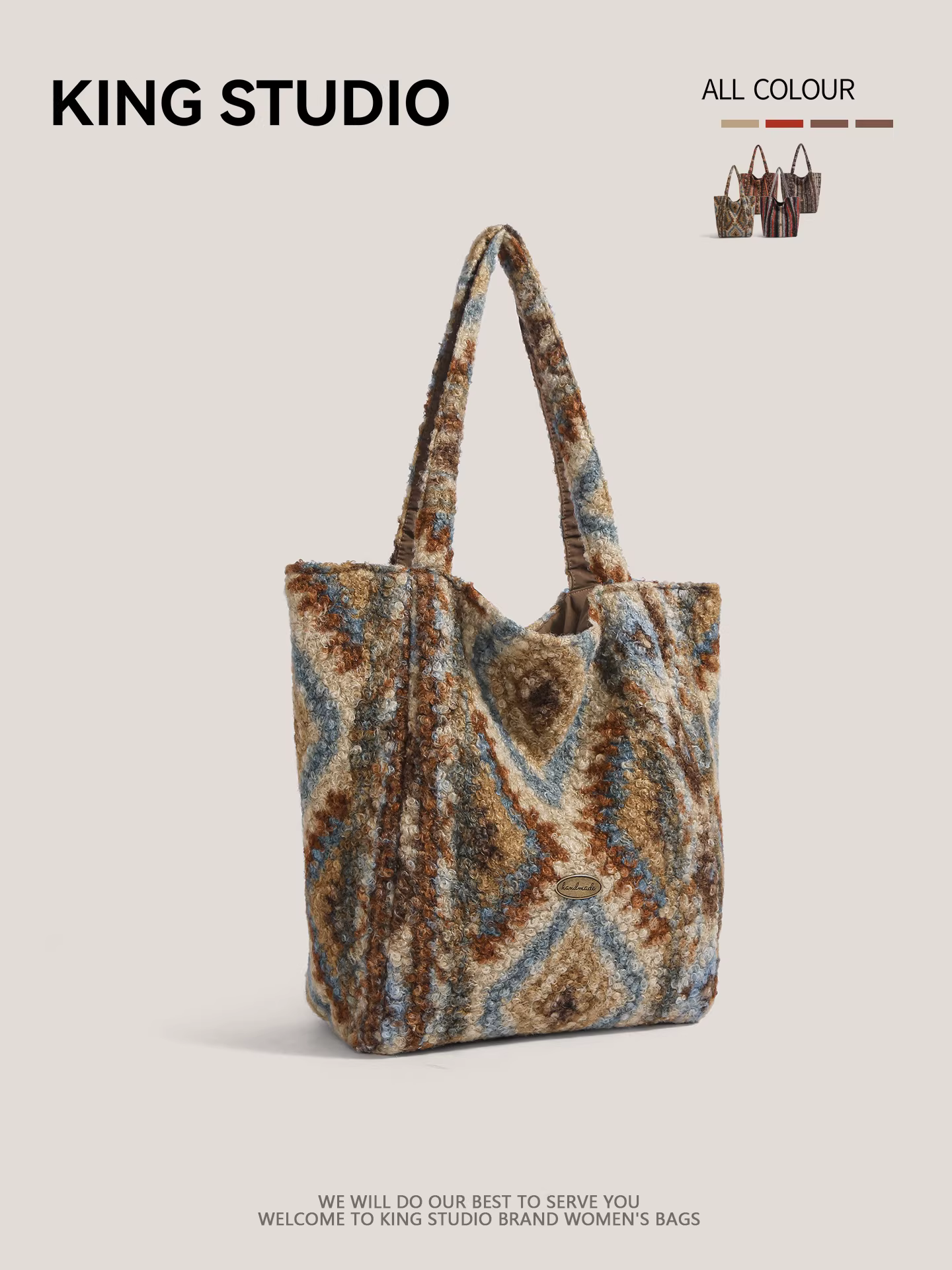 Túi tote lông nhung phong cách dân tộc retro dành cho nữ 2025, mẫu mới, dung tích lớn, phối màu, hai mặt, thời trang, đeo vai