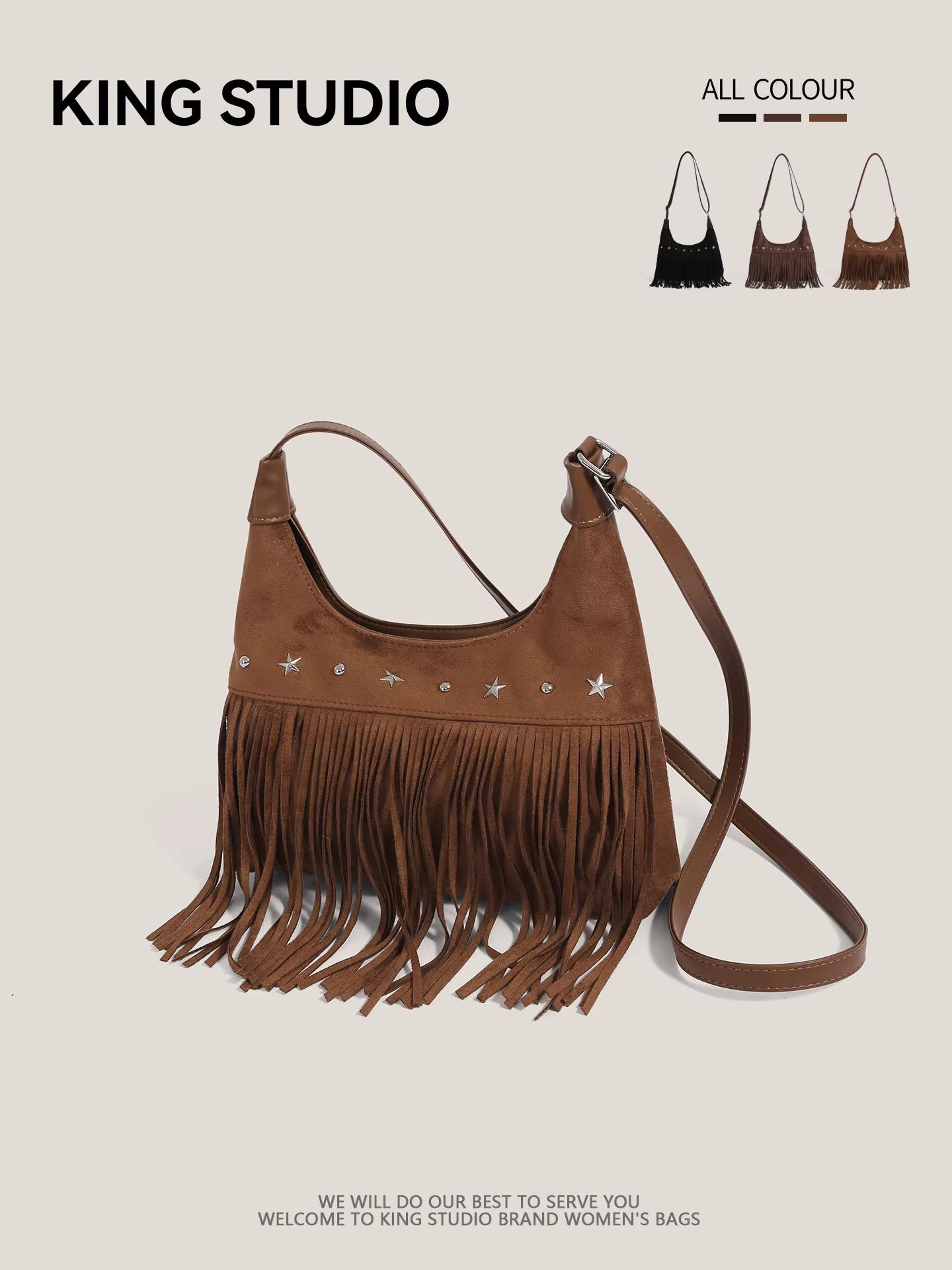 Túi xách da lộn mờ kiểu retro dành cho nữ, mẫu mới thu đông 2025, đa năng, đeo vai, đeo chéo, phong cách boho, có tua rua