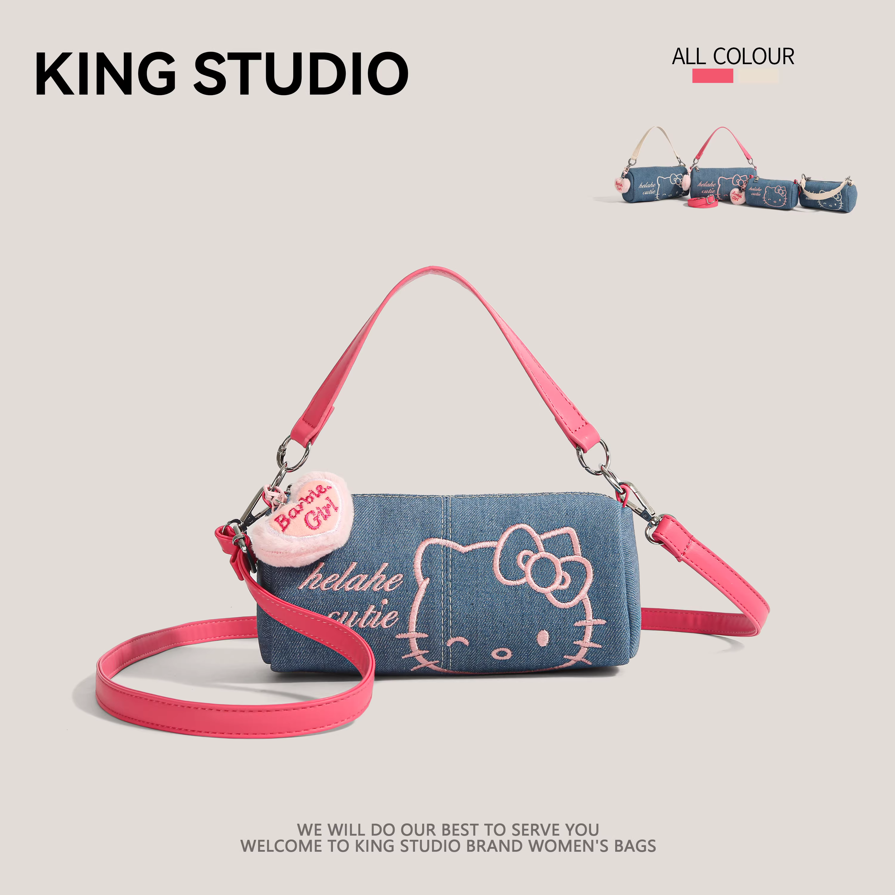 Túi Hello Kitty dành cho nữ mẫu mới 2025, túi denim Hello Kitty độc đáo, túi hình trụ, đeo vai, đeo chéo
