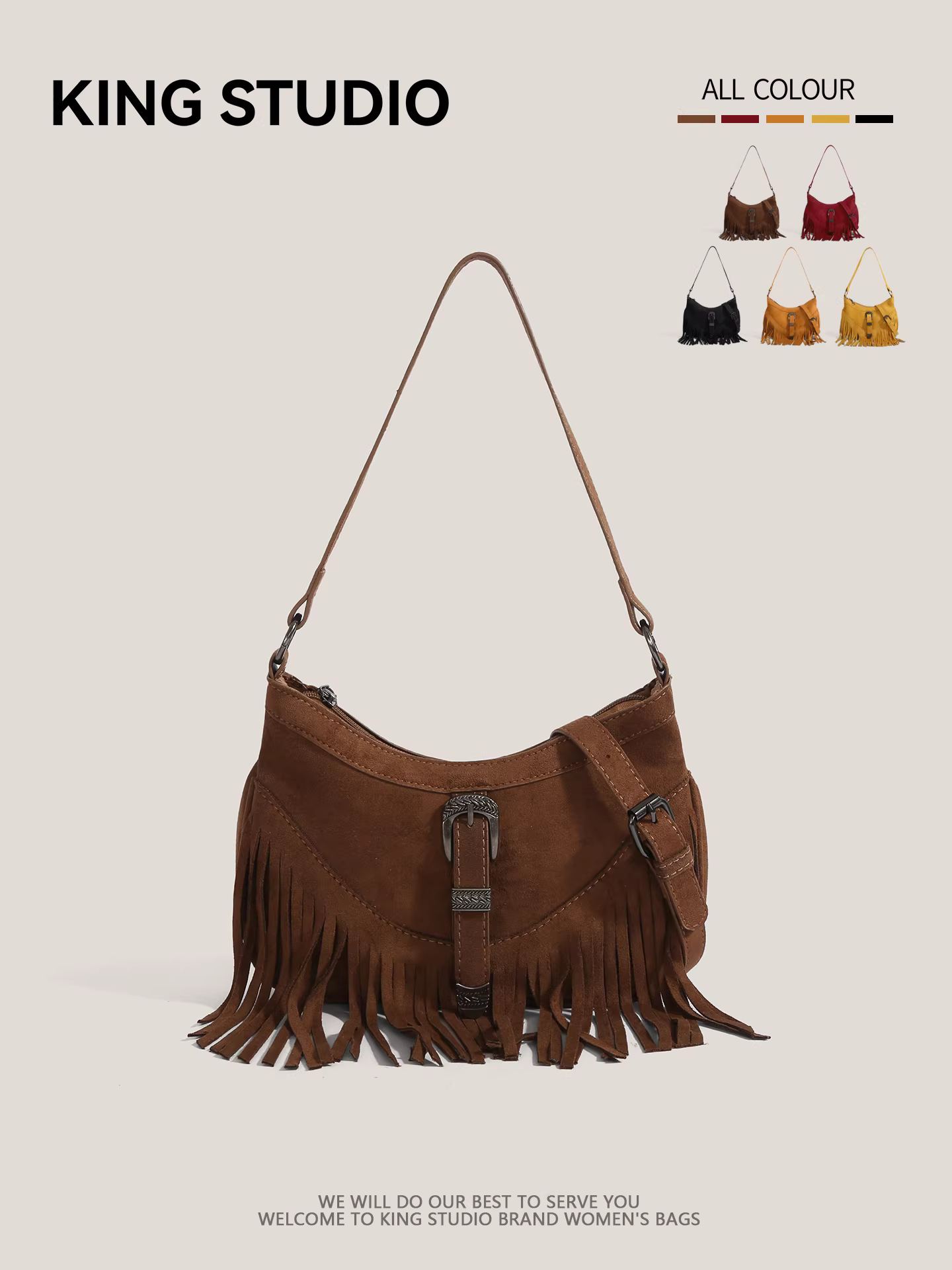 Túi đeo chéo da lộn cổ điển có tua rua, túi đeo nách mùa thu đông, túi đeo chéo cao cấp phong cách cao bồi miền Tây.