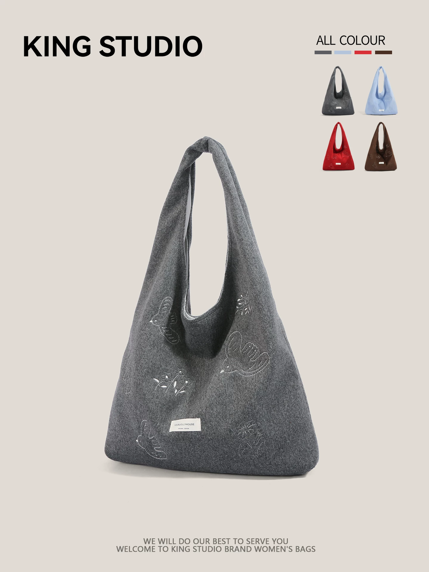 Túi tote len thêu chim dành cho nữ 2026, mẫu mới, phong cách retro, dung tích lớn, túi đeo vai, túi kẹp nách