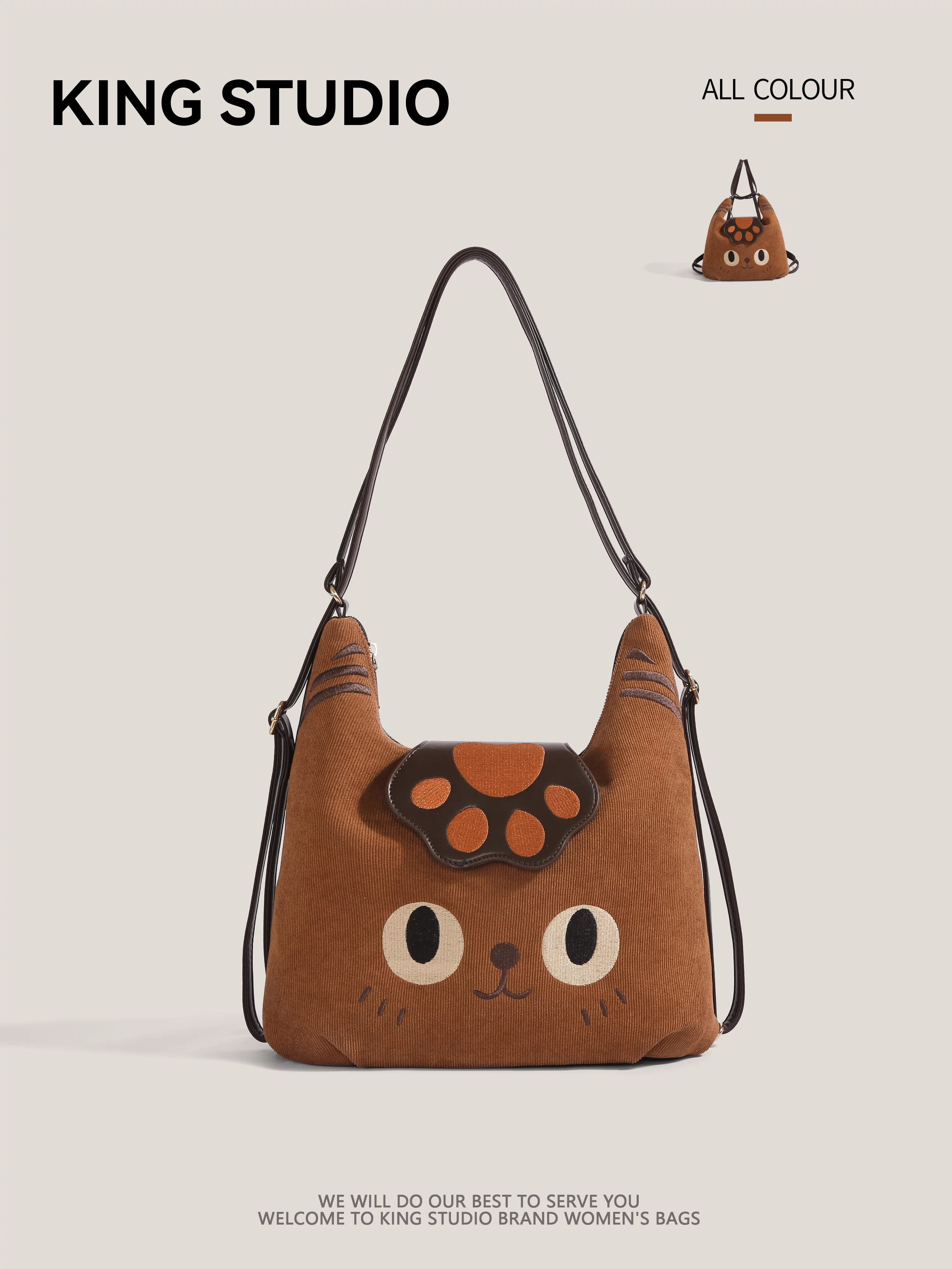 Túi tote hình mèo con dễ thương dành cho nữ, mẫu mới 2025, phong cách Hàn Quốc, kiểu dáng học sinh, balo dung tích lớn, túi đeo vai