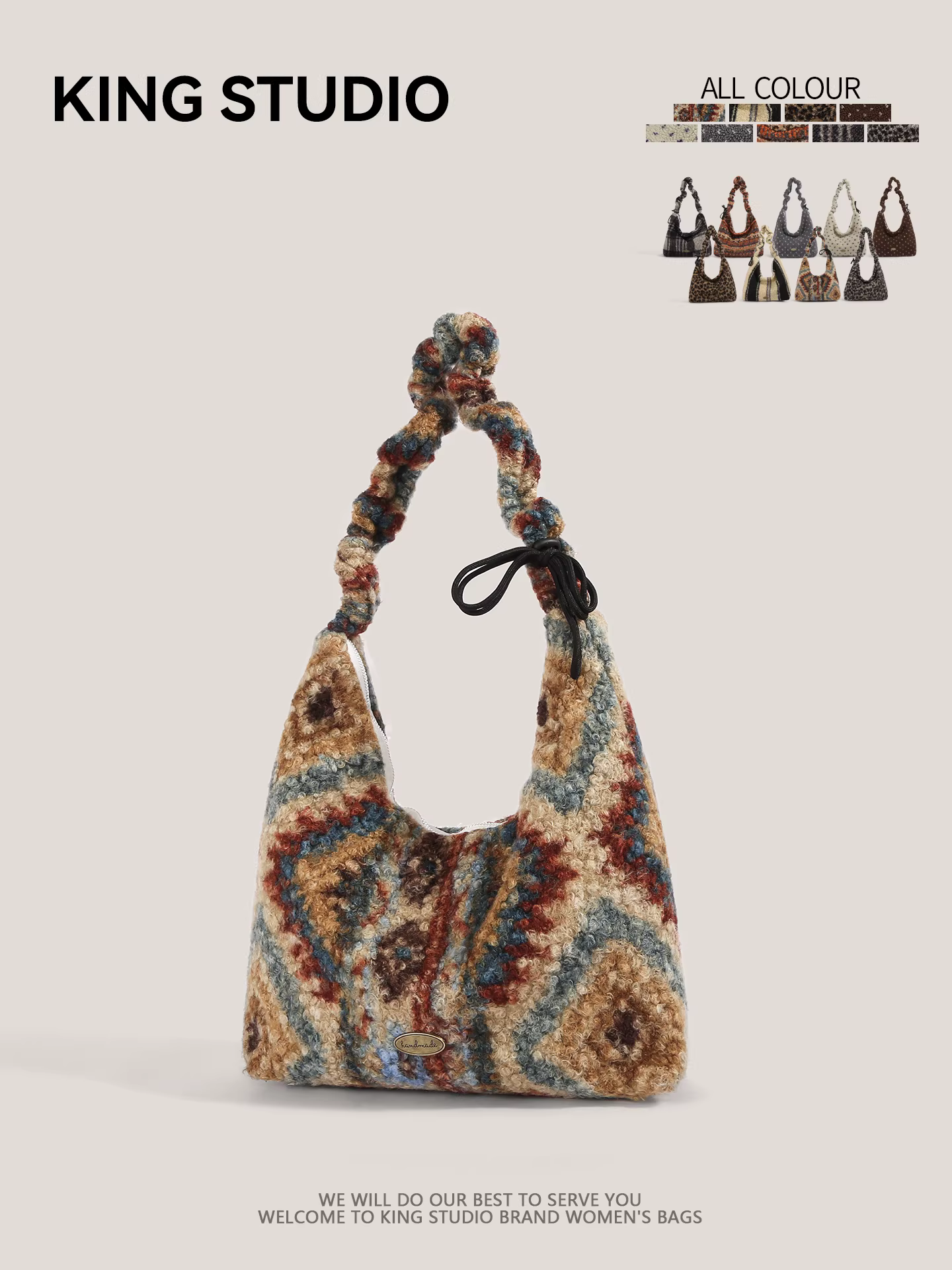 Túi lông cừu phong cách Fair Isle dành cho nữ, mẫu mới 2026, kiểu retro độc đáo, túi tote cỡ lớn, đeo vai, đeo chéo