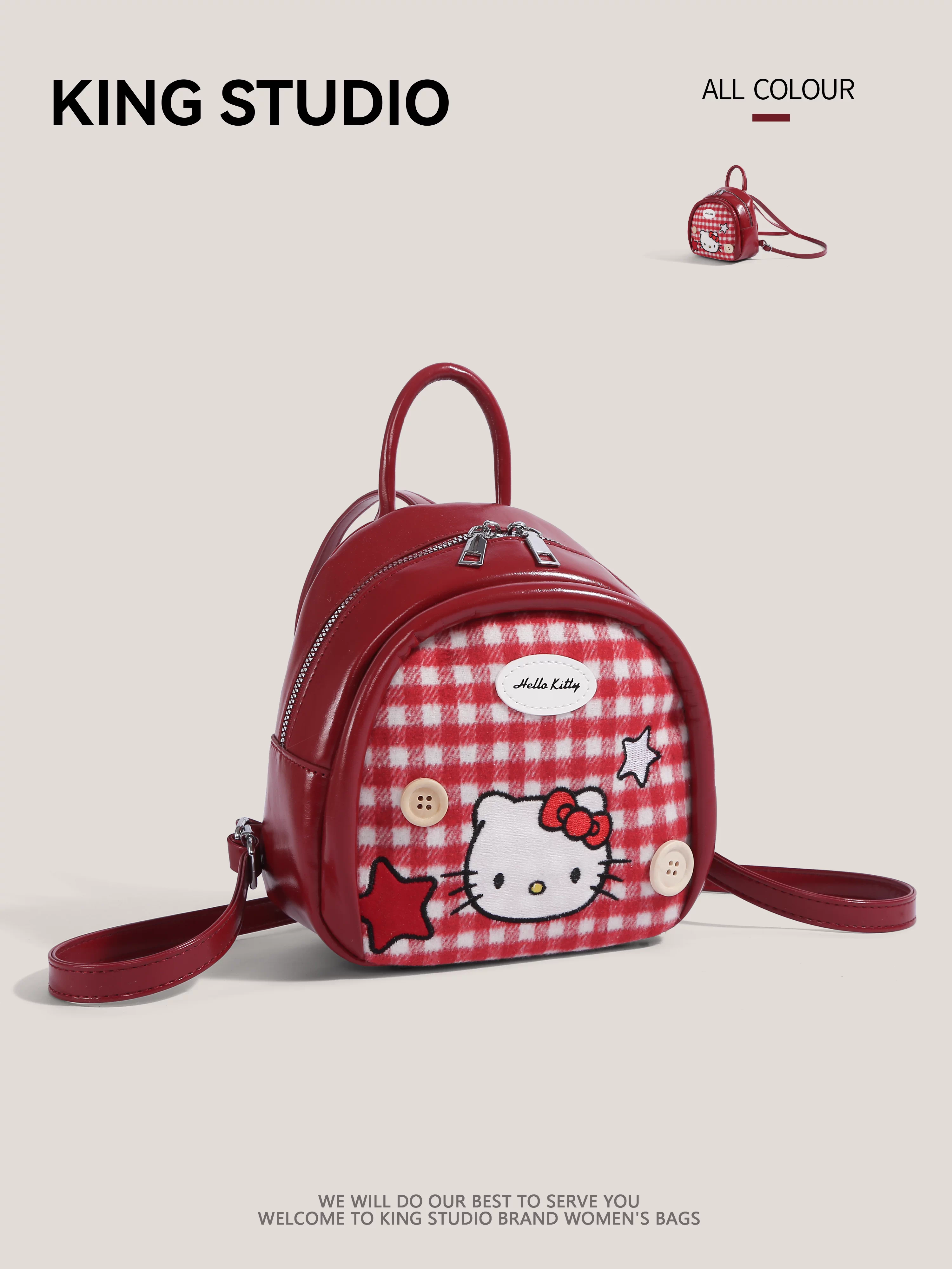 Ba lô Hello Kitty dễ thương dành cho nữ, mẫu mới 2026, họa tiết hoạt hình Hello Kitty độc đáo, ba lô mini kẻ caro dành cho học sinh