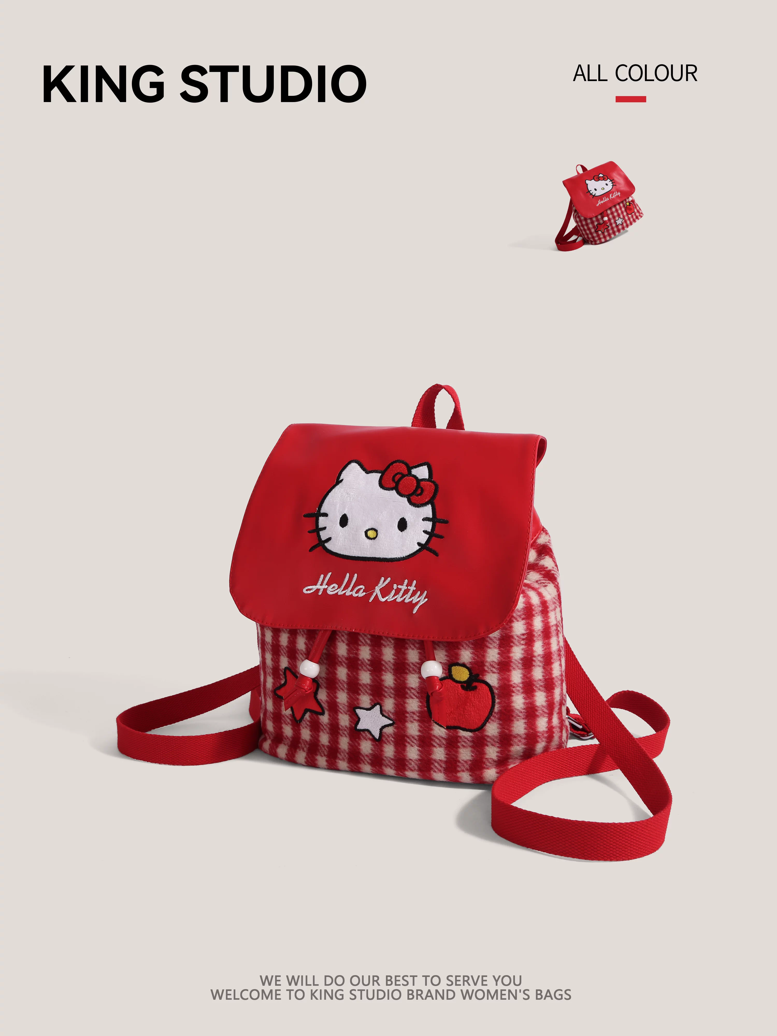 Ba lô Hello Kitty kẻ caro đỏ dễ thương dành cho nữ, mẫu mới 2025, ba lô đi làm hoạt hình Hello Kitty thời thượng