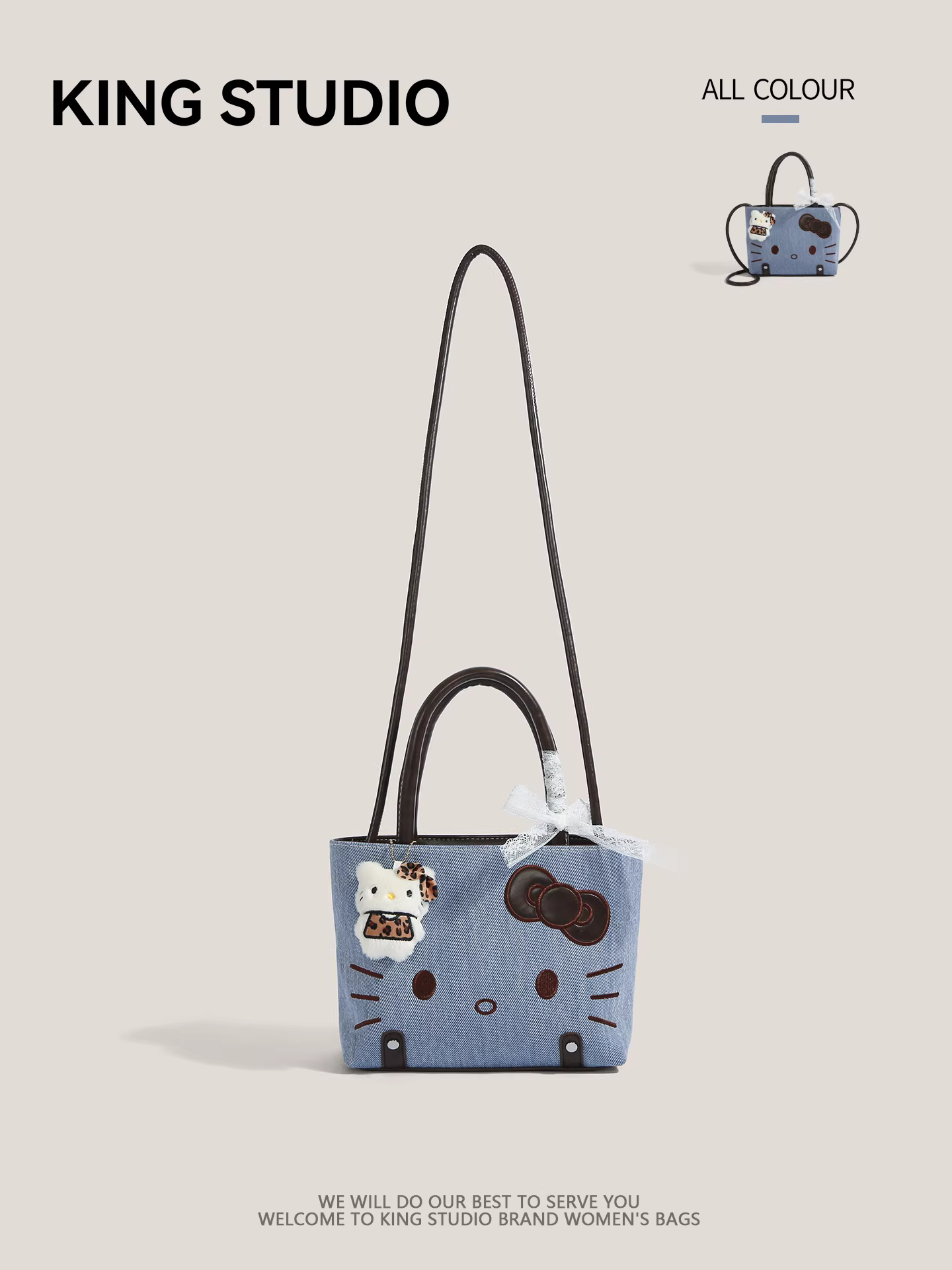 Túi xách denim Hello Kitty dễ thương dành cho nữ, mẫu mới 2025, thời trang, đa năng, đeo vai, đeo chéo