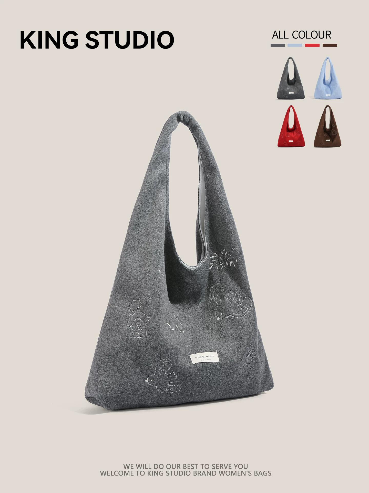 Túi tote len thêu chim dành cho nữ 2026, mẫu mới, phong cách retro, dung tích lớn, túi đeo vai, túi kẹp nách