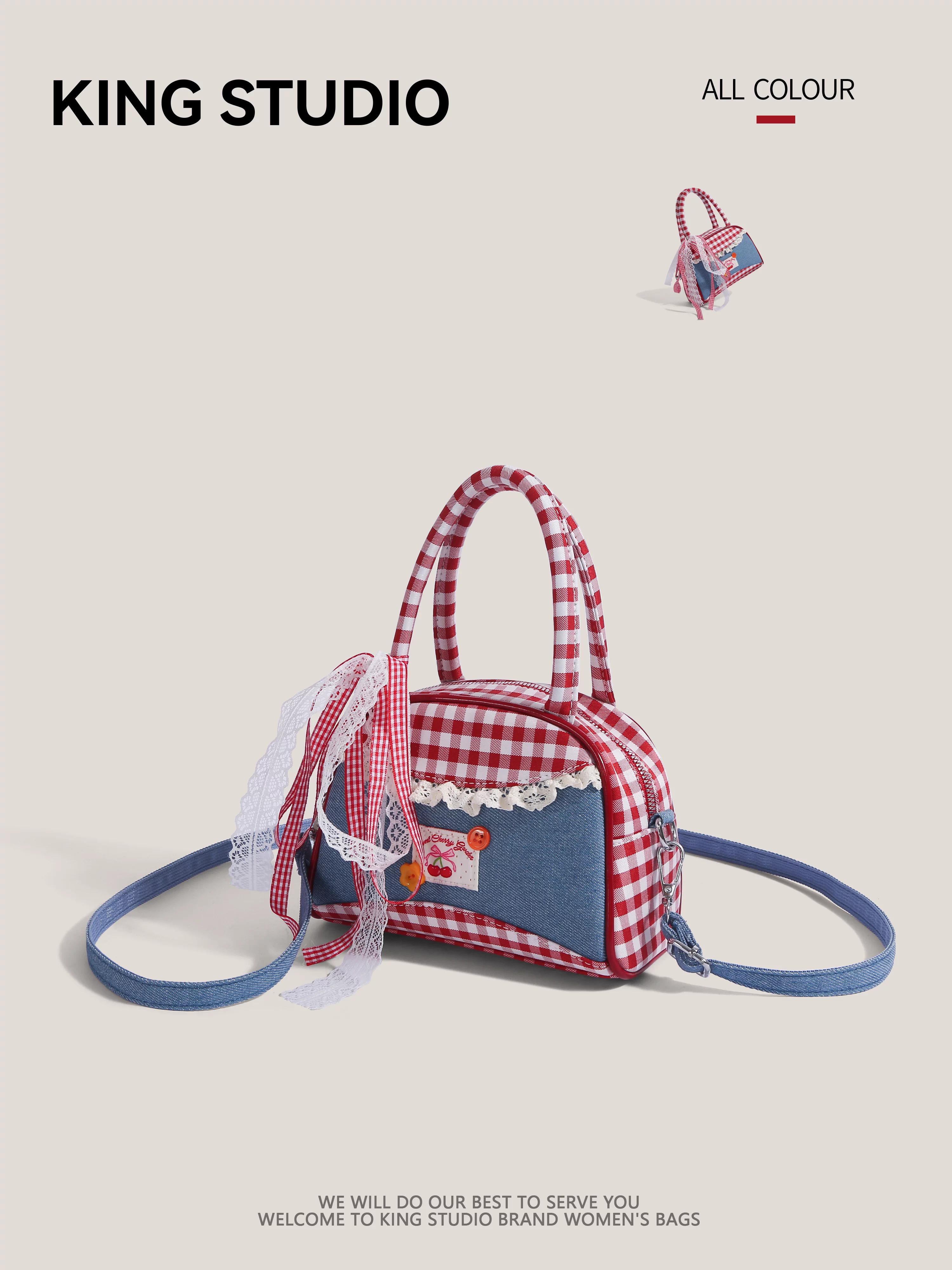 Túi xách bowling kẻ caro nơ denim thời trang nữ 2025 mới, đa năng, đeo vai, đeo chéo