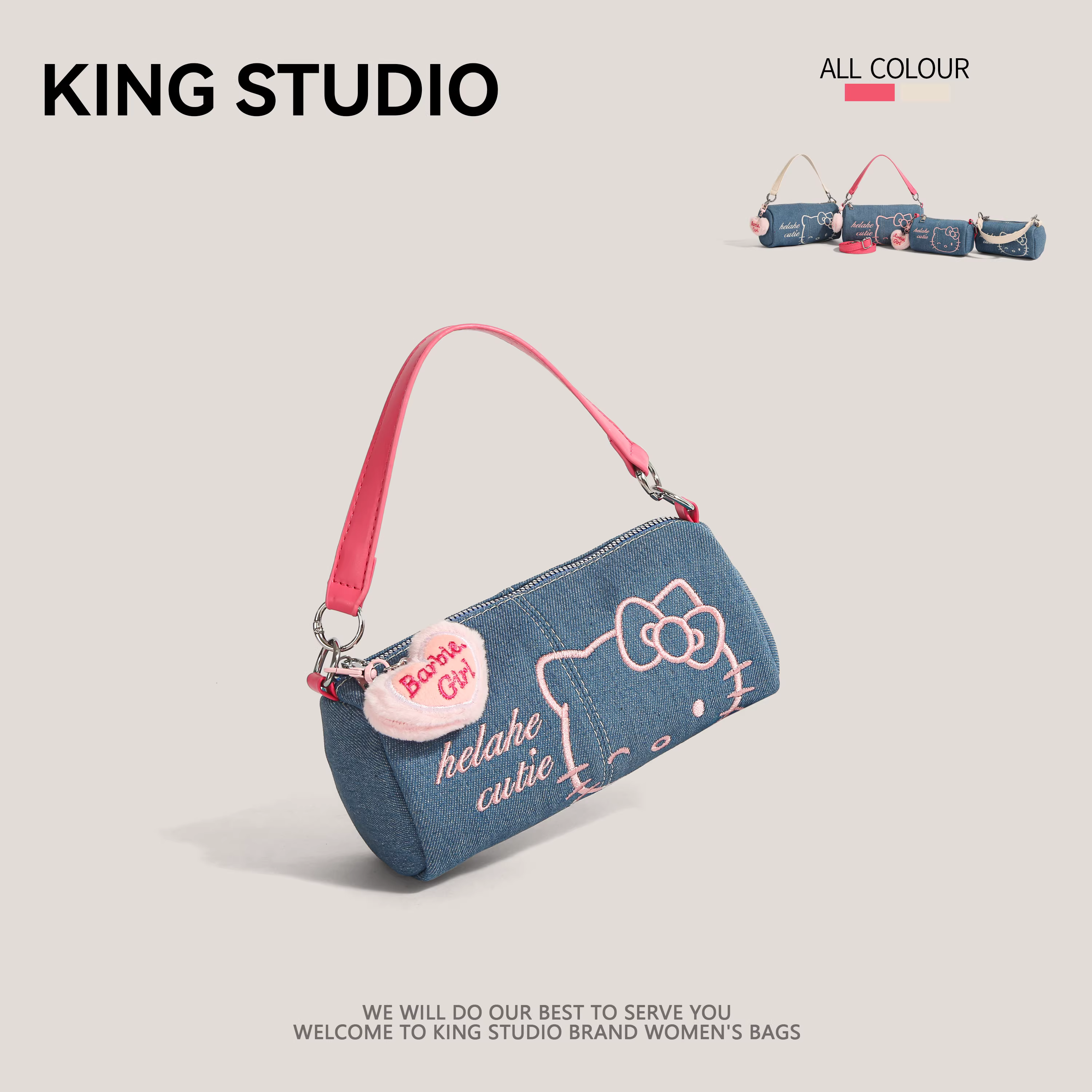 Túi Hello Kitty dành cho nữ mẫu mới 2025, túi denim Hello Kitty độc đáo, túi hình trụ, đeo vai, đeo chéo