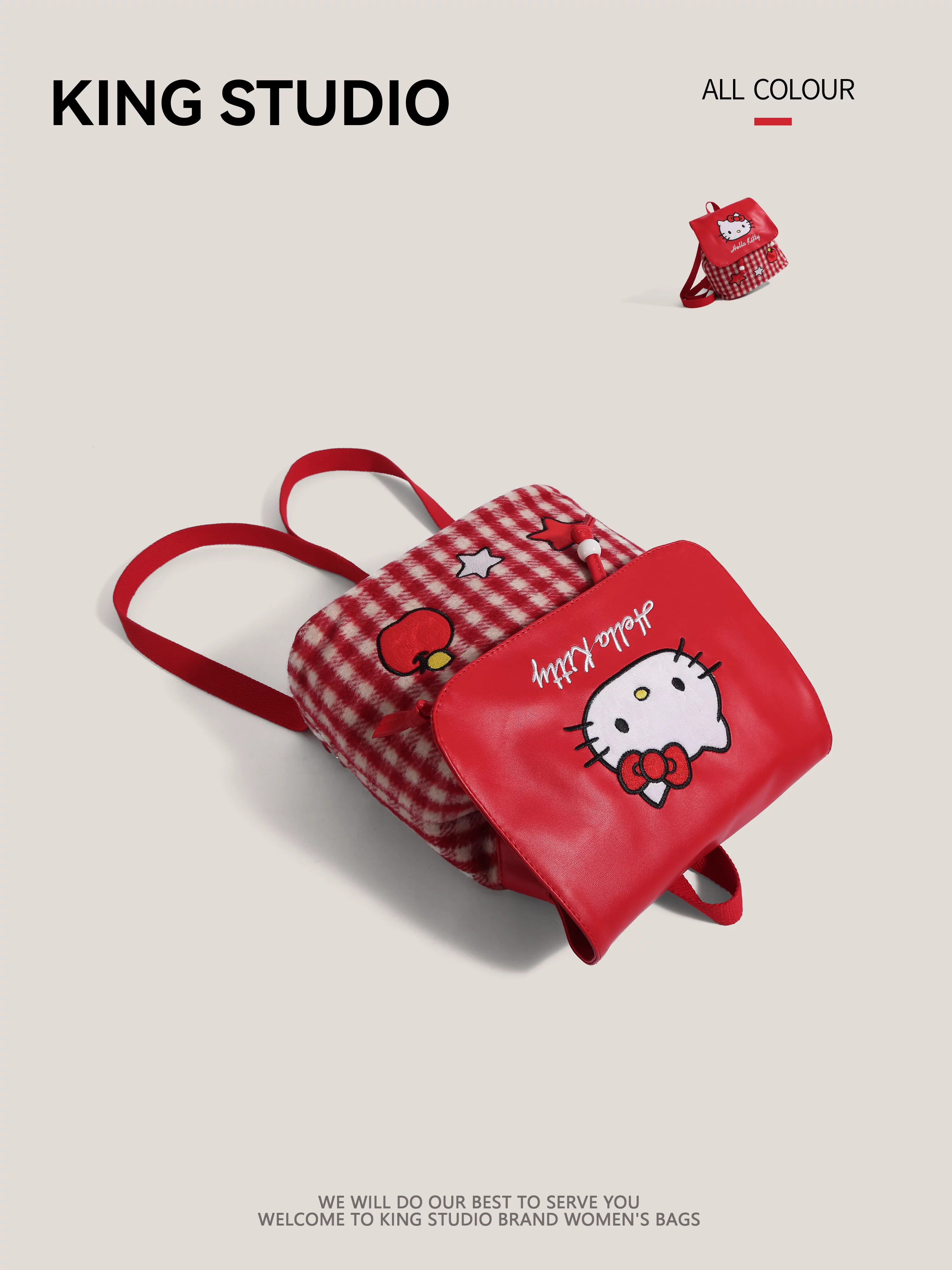 Ba lô Hello Kitty kẻ caro đỏ dễ thương dành cho nữ, mẫu mới 2025, ba lô đi làm hoạt hình Hello Kitty thời thượng