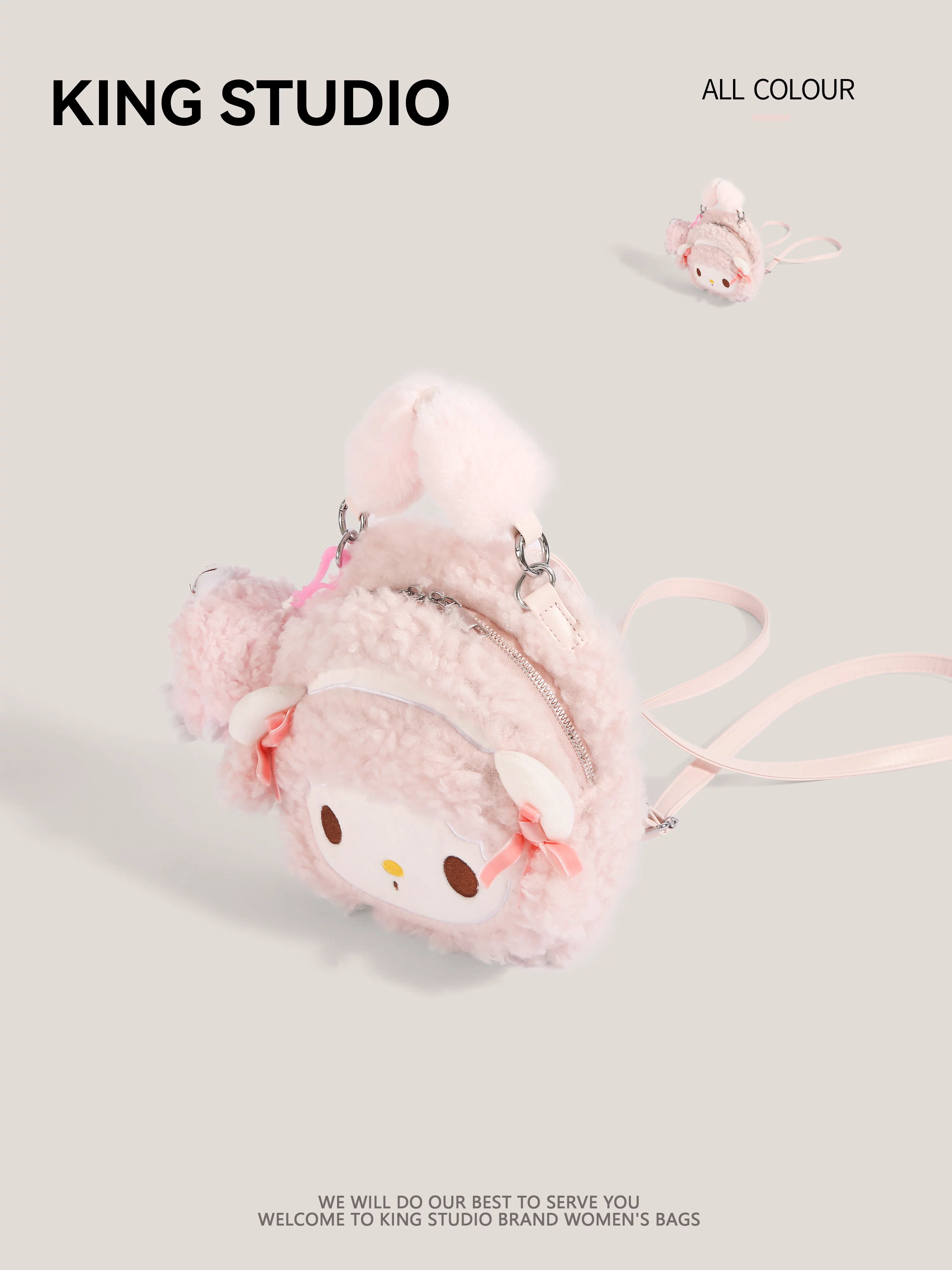 Ba lô len cừu hồng dễ thương dành cho nữ, mẫu mới 2026, ba lô lông thú hoạt hình thời trang, cặp sách học sinh