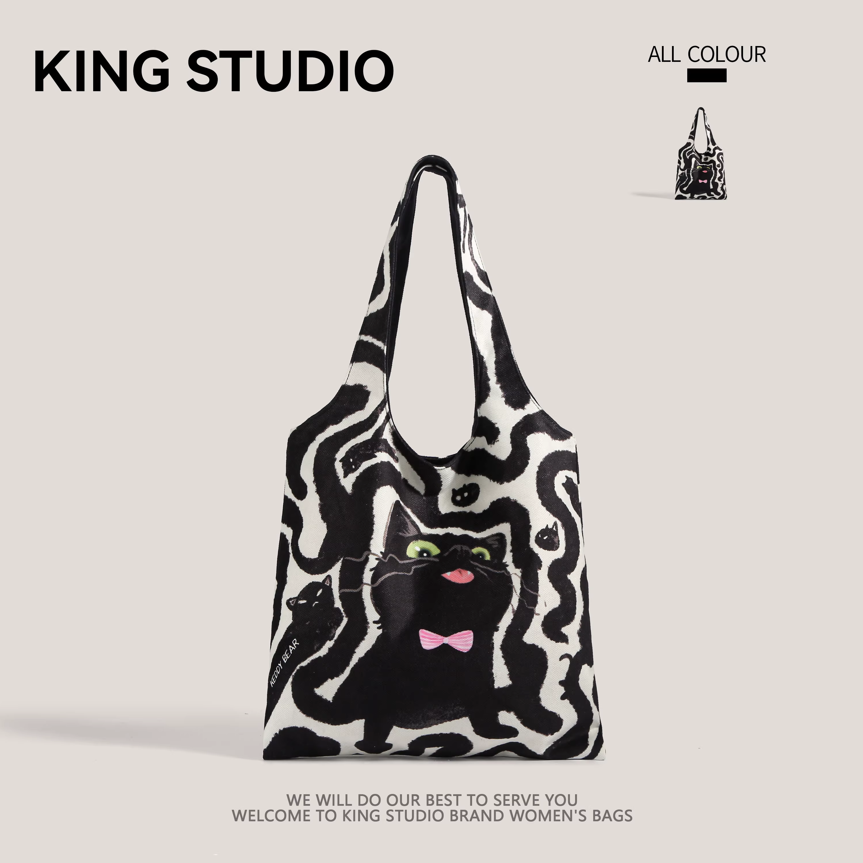 Thiết kế thích hợp Túi vải canvas màu đen Pipi Kitty nguyên bản Túi đeo vai học sinh Túi tote đi làm sức chứa lớn