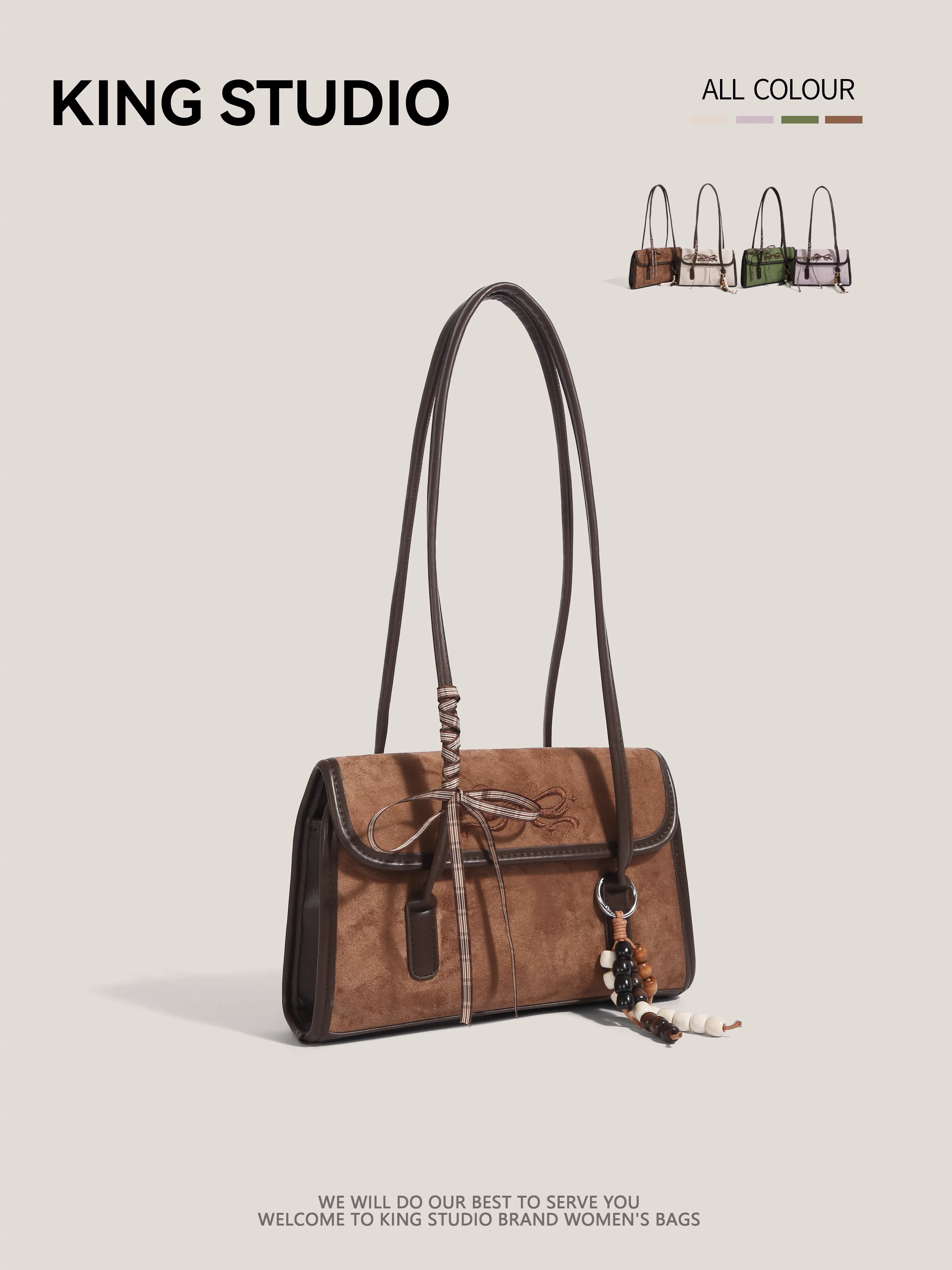 Túi xách da lộn Maillard cỡ lớn dành cho nữ, kiểu mới thu đông 2025, nơ retro, chất liệu mờ, đeo vai/nách