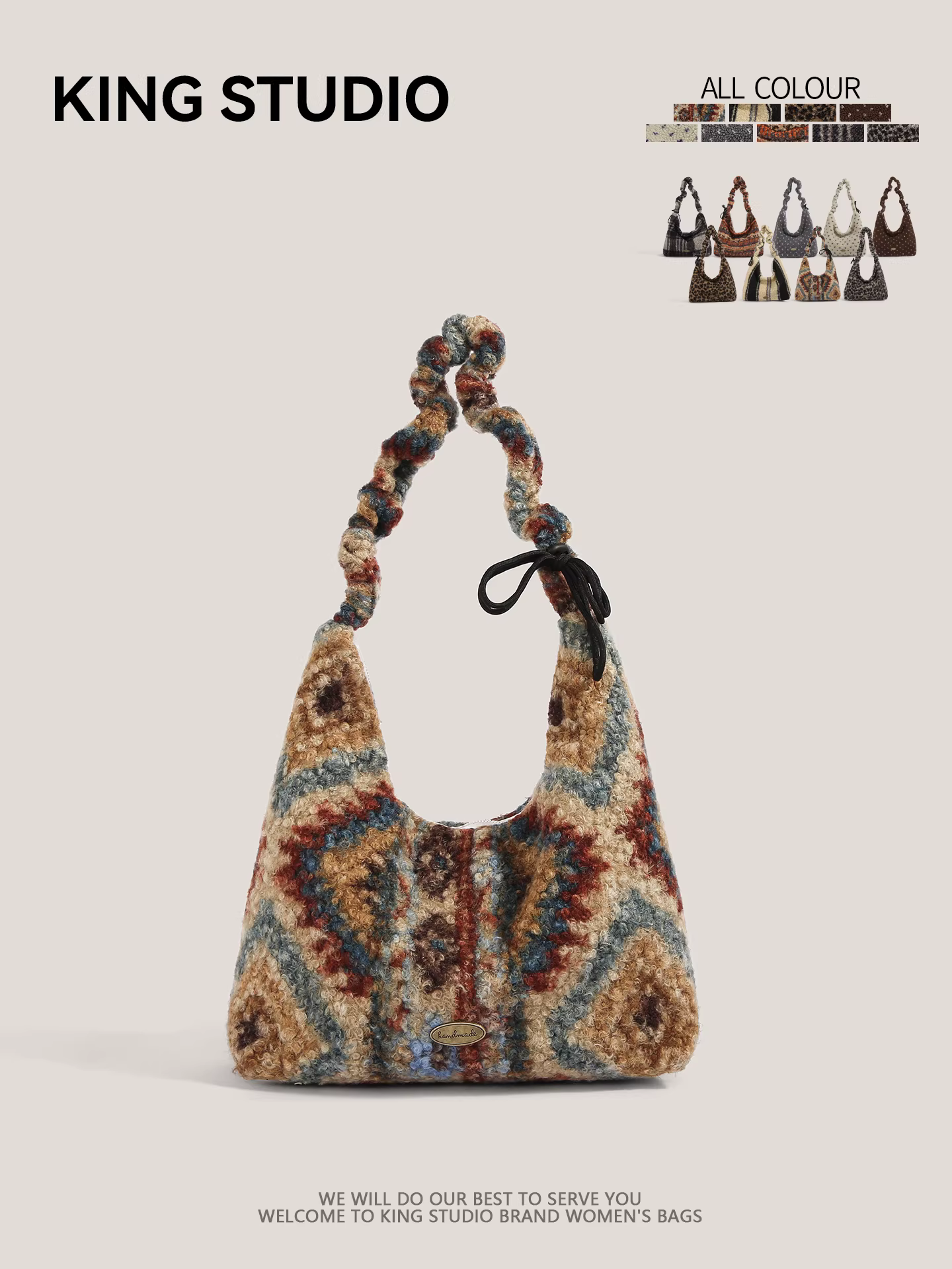 Túi lông cừu phong cách Fair Isle dành cho nữ, mẫu mới 2026, kiểu retro độc đáo, túi tote cỡ lớn, đeo vai, đeo chéo