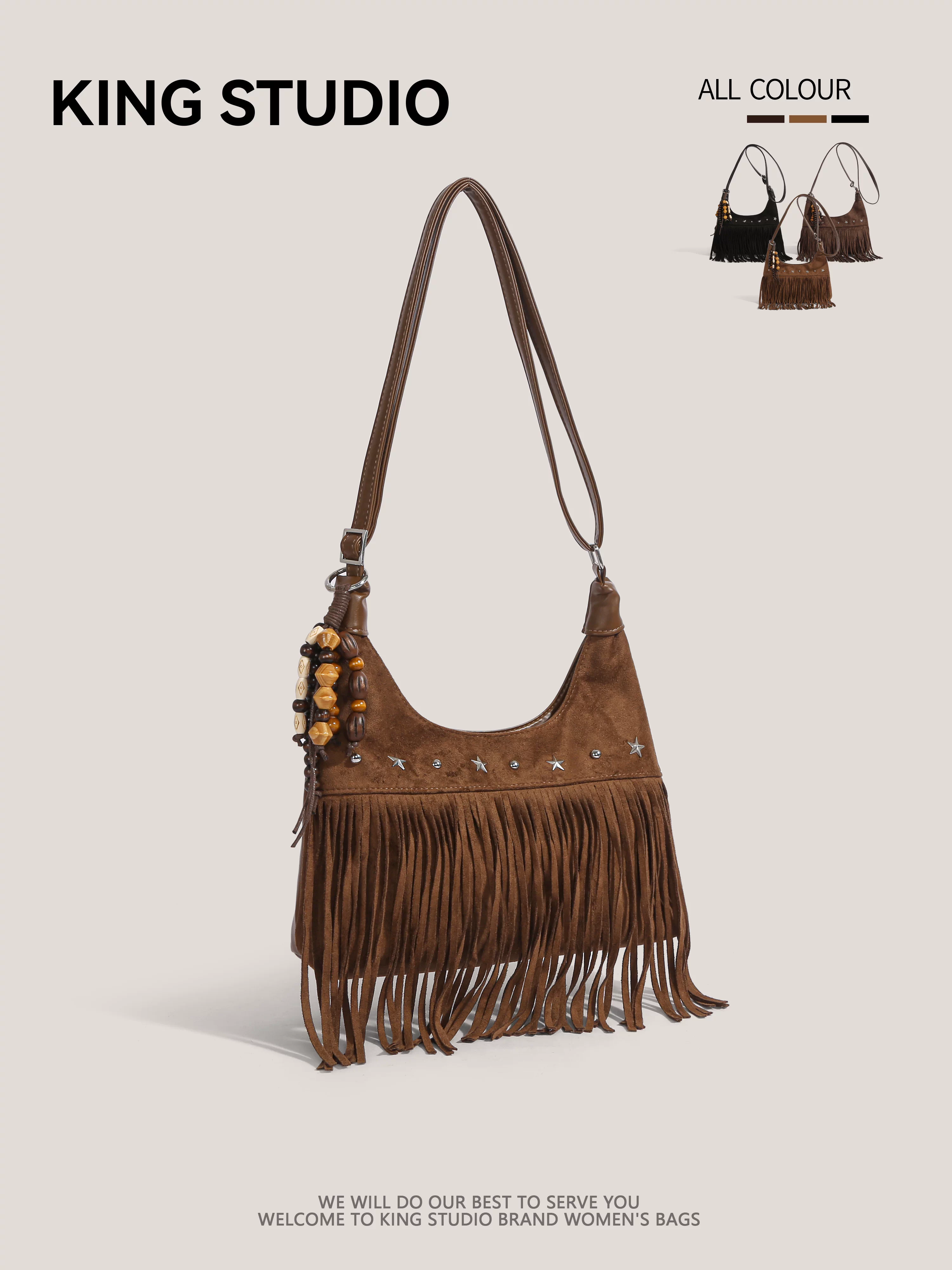 Túi đeo chéo da lộn mờ phong cách retro dành cho nữ, mẫu mới thu đông 2025, đa năng, kiểu boho, có tua rua