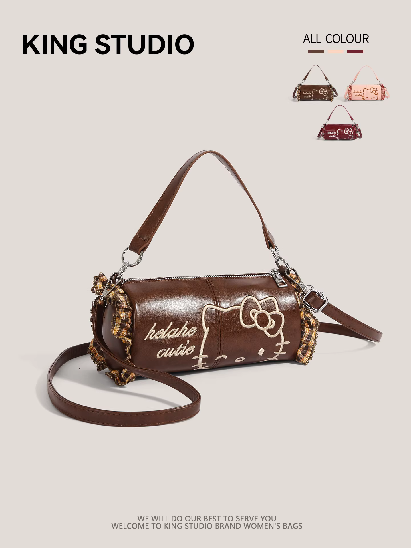 Túi Hello Kitty nữ 2025 mẫu mới thời thượng, túi xách Hello Kitty phong cách retro độc đáo, túi hình trụ đeo vai/chéo