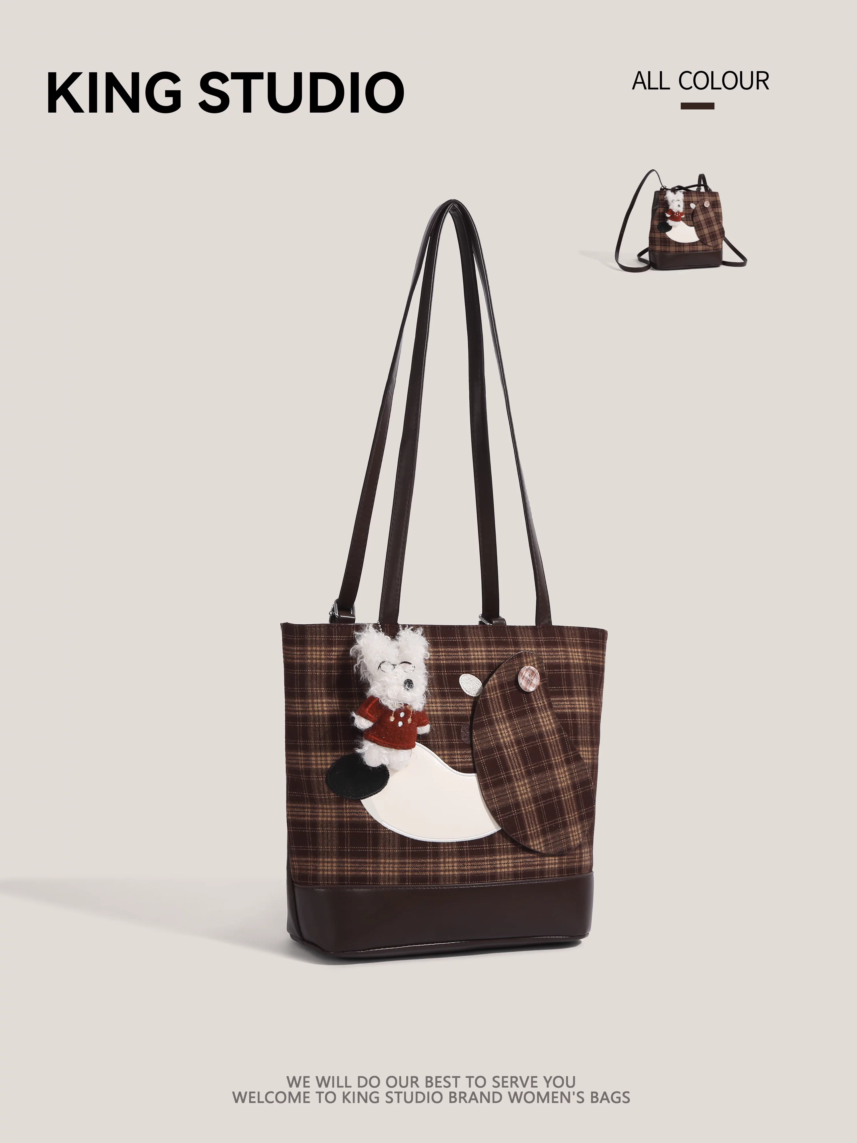 Túi tote kẻ caro hình chú chó hoạt hình dễ thương dành cho nữ, mẫu mới 2025, thời trang đa năng, dung tích lớn, có thể đeo vai hoặc đeo lưng như balo