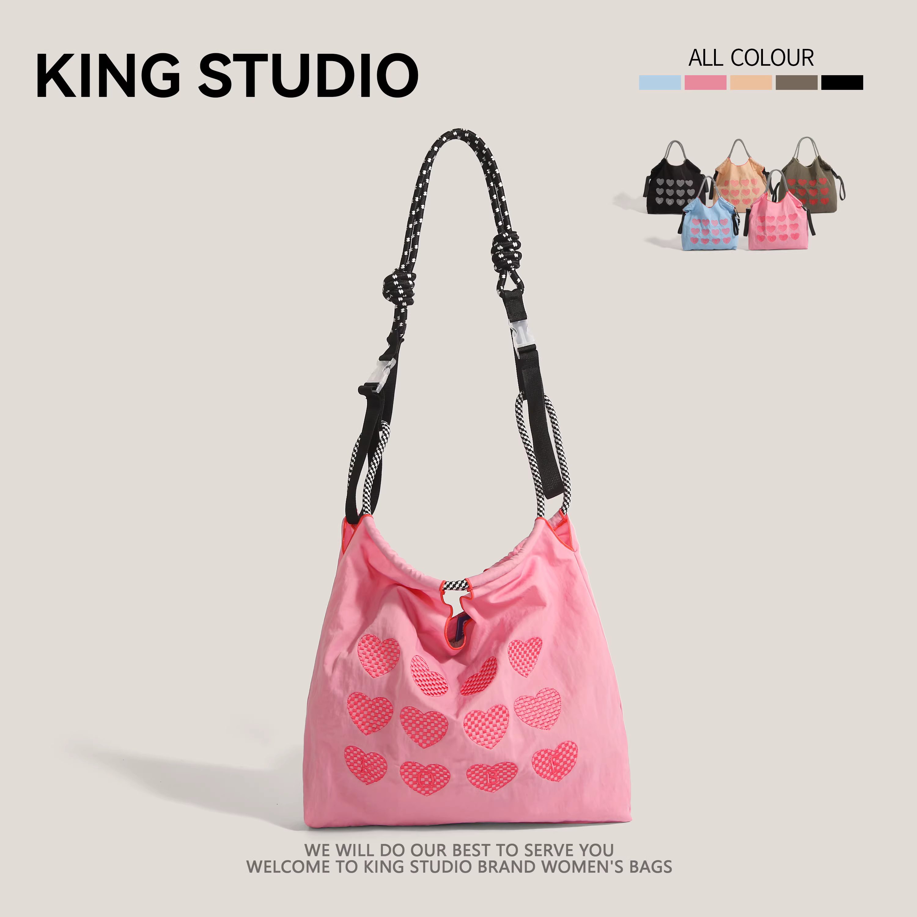 Túi tote đựng đồ đi chợ cỡ lớn bằng nylon thân thiện với môi trường, thêu hình trái tim kiểu Nhật, mẫu mới 2025, dành cho nữ