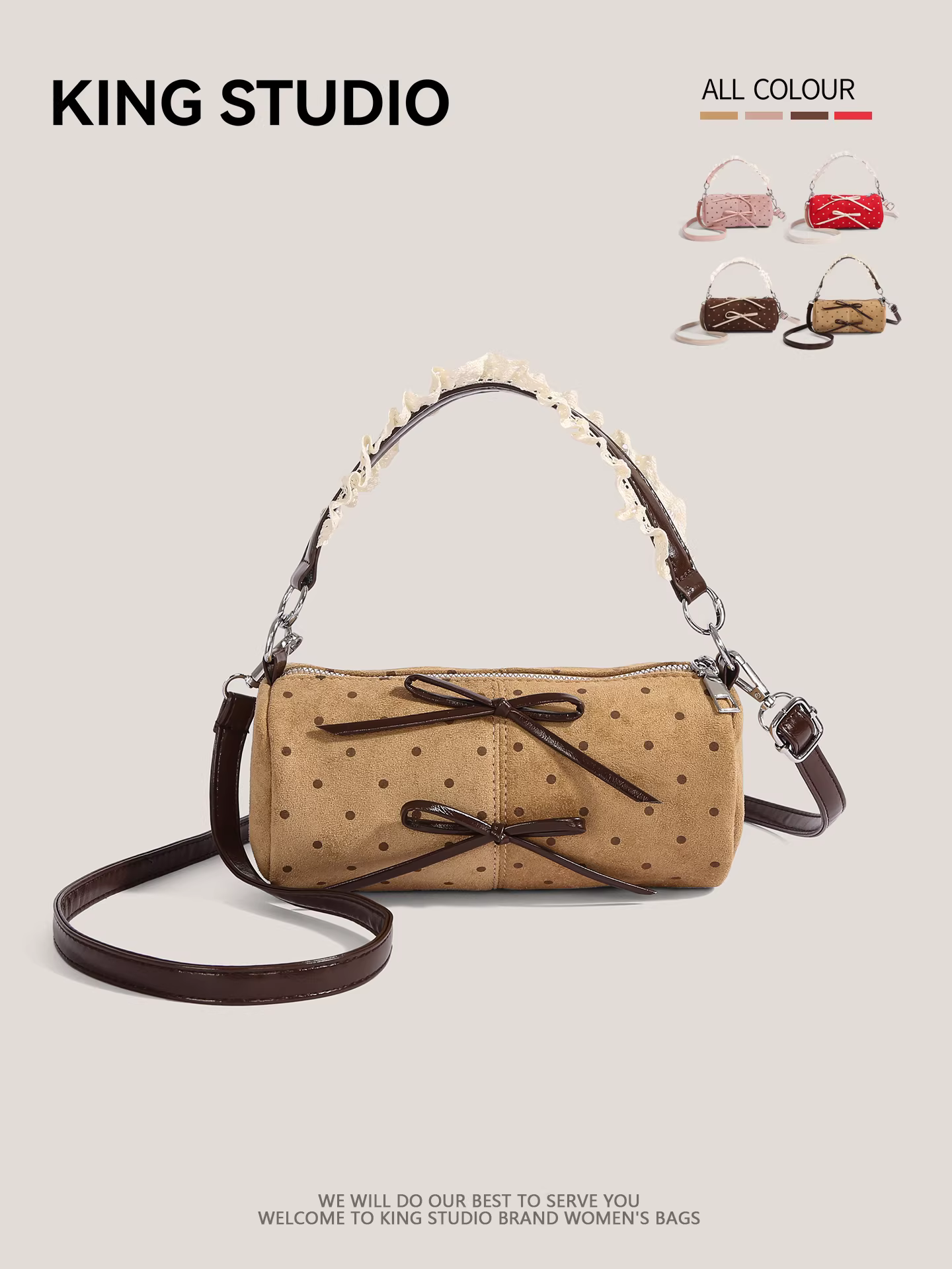 Túi xách nơ chấm bi dễ thương dành cho nữ, mẫu mới 2025, thời trang đa năng, kiểu dáng trụ, thiết kế độc đáo, đeo vai/chéo.