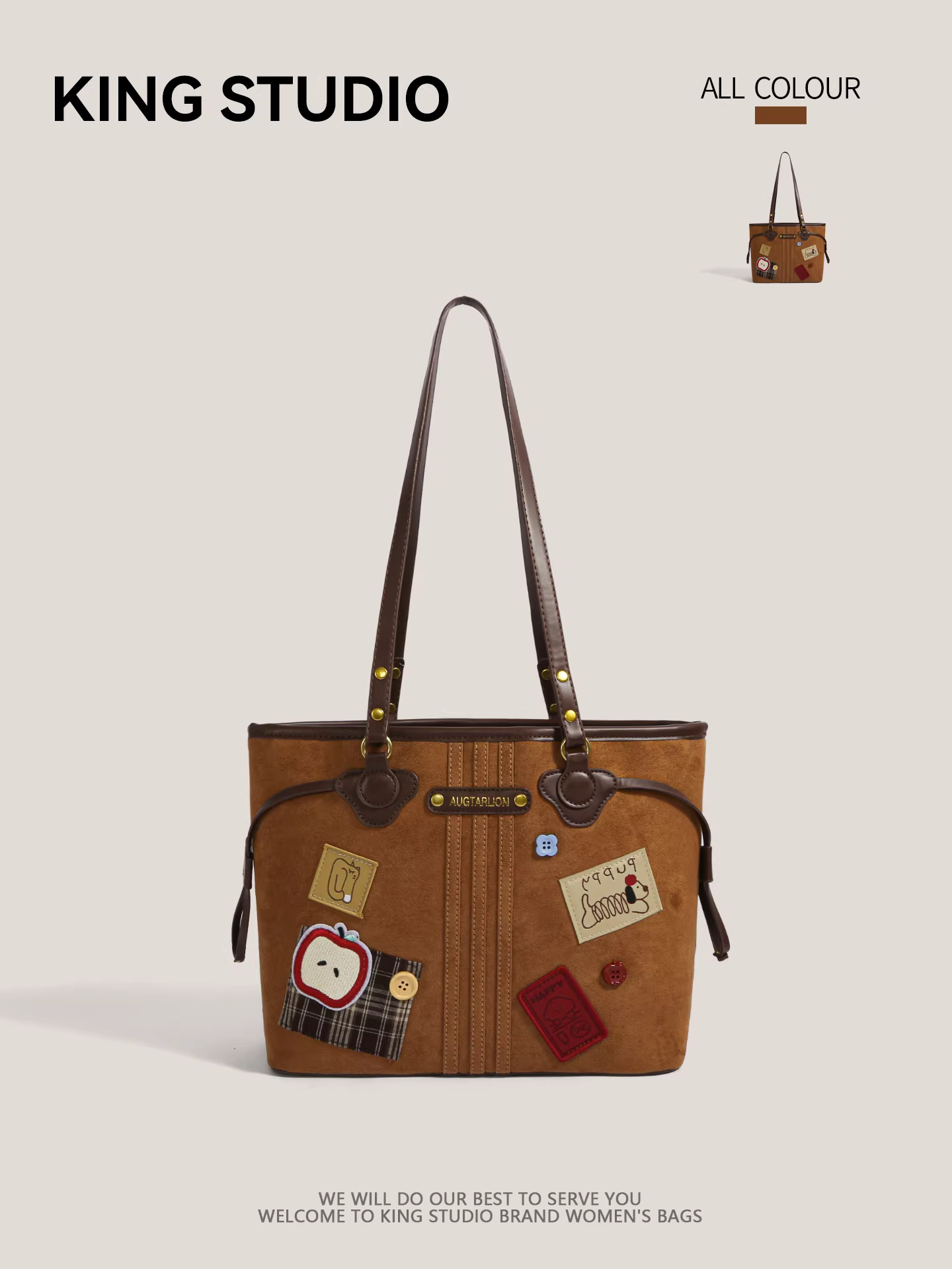 Túi xách cỡ lớn phong cách Maillard dành cho nữ, mẫu mới thu đông 2025, thời trang retro, chất liệu da lộn, họa tiết hoạt hình, túi tote đi làm