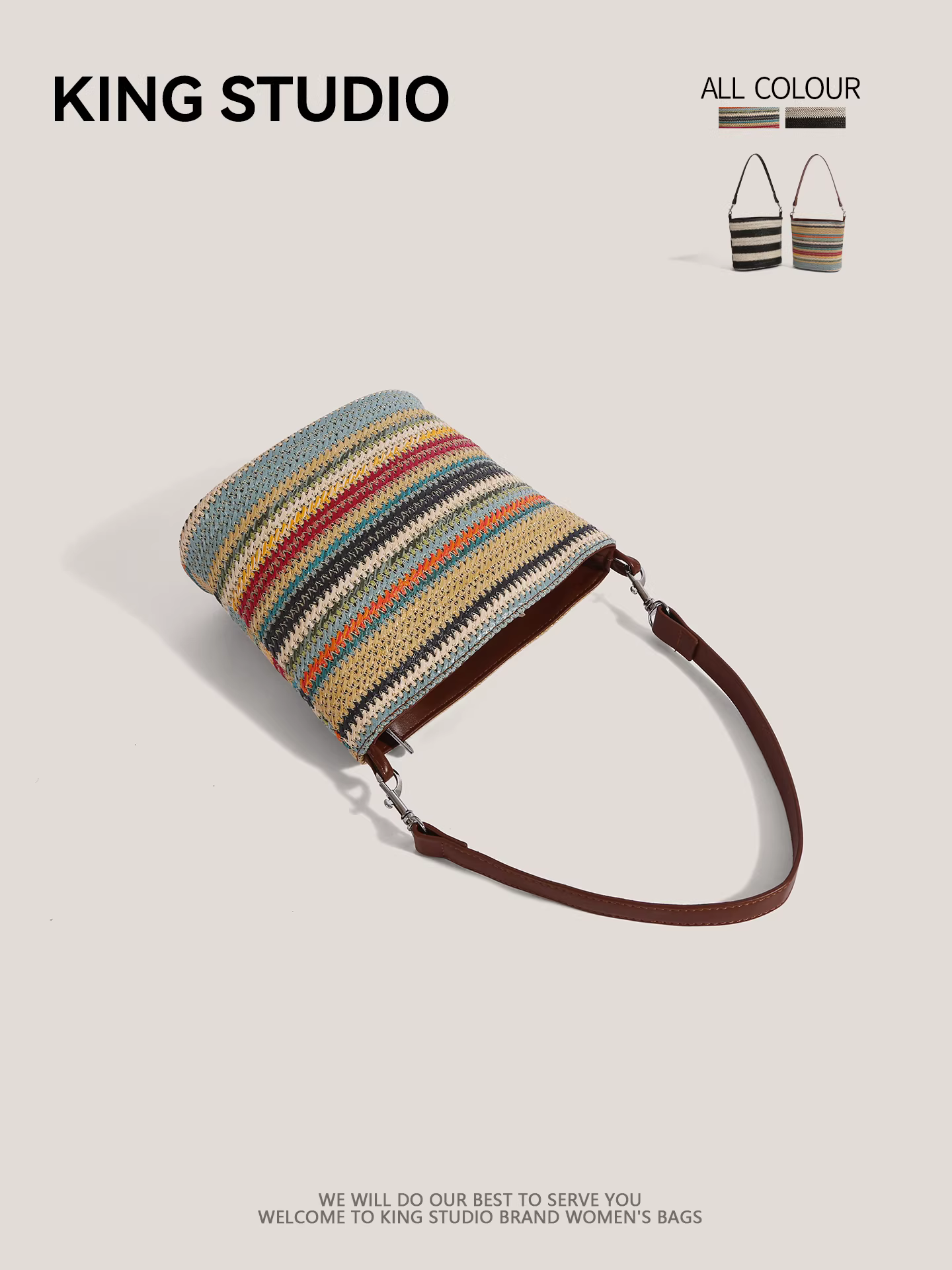 Túi cói dệt sọc cầu vồng mùa hè dành cho nữ, kiểu mới 2025, túi đeo vai/chéo đi biển