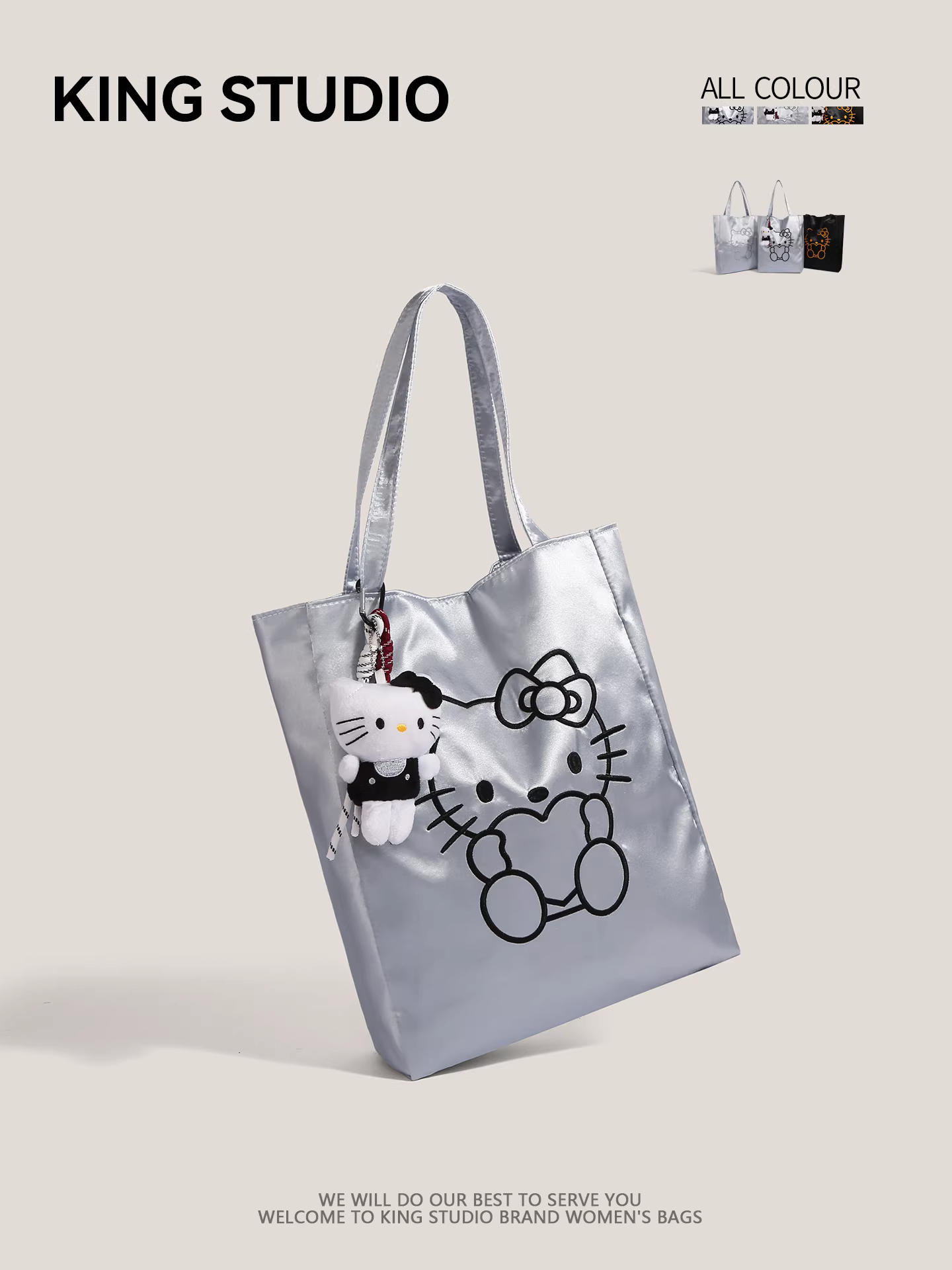 Túi tote bạc HelloKitty dễ thương, dung tích lớn, túi đeo vai hoạt hình Hello Kitty, túi mua sắm cầm tay