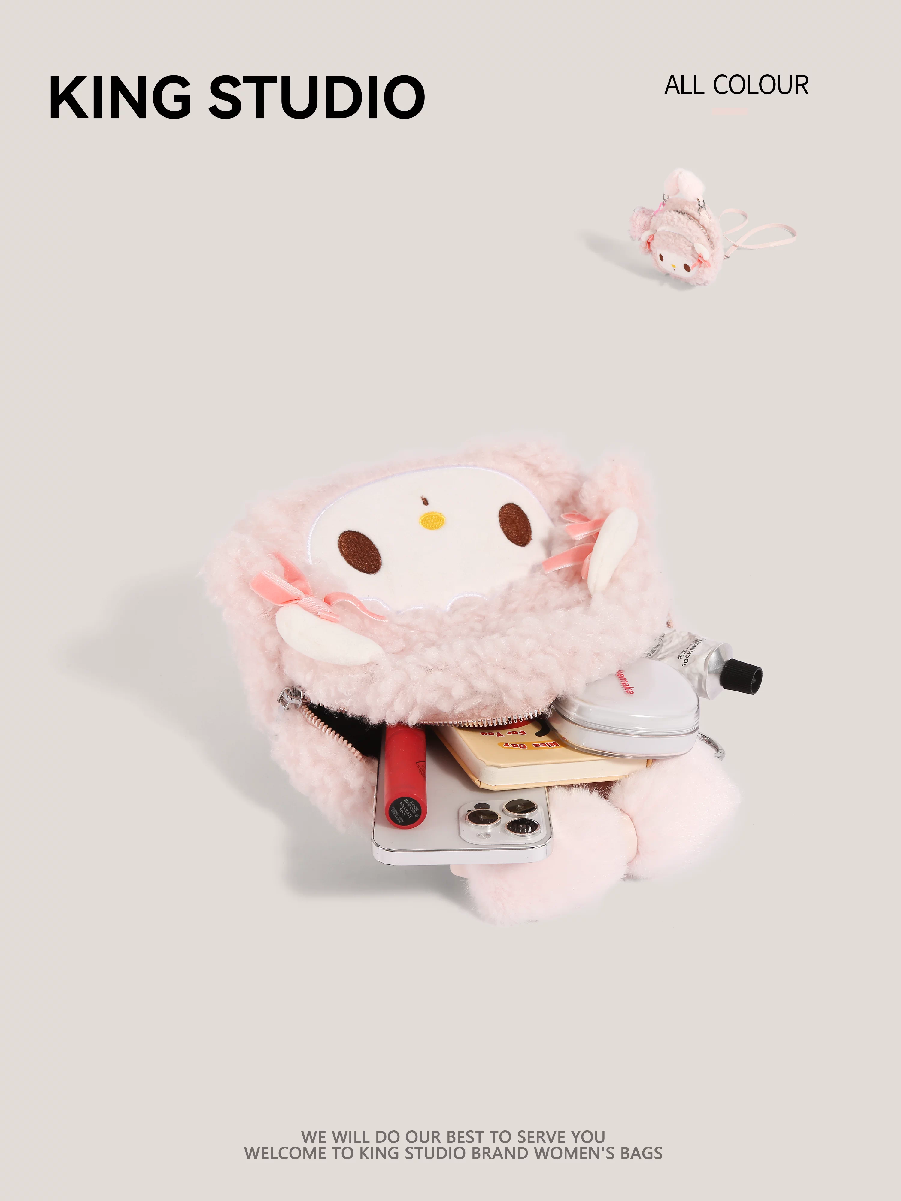 Ba lô len cừu hồng dễ thương dành cho nữ, mẫu mới 2026, ba lô lông thú hoạt hình thời trang, cặp sách học sinh