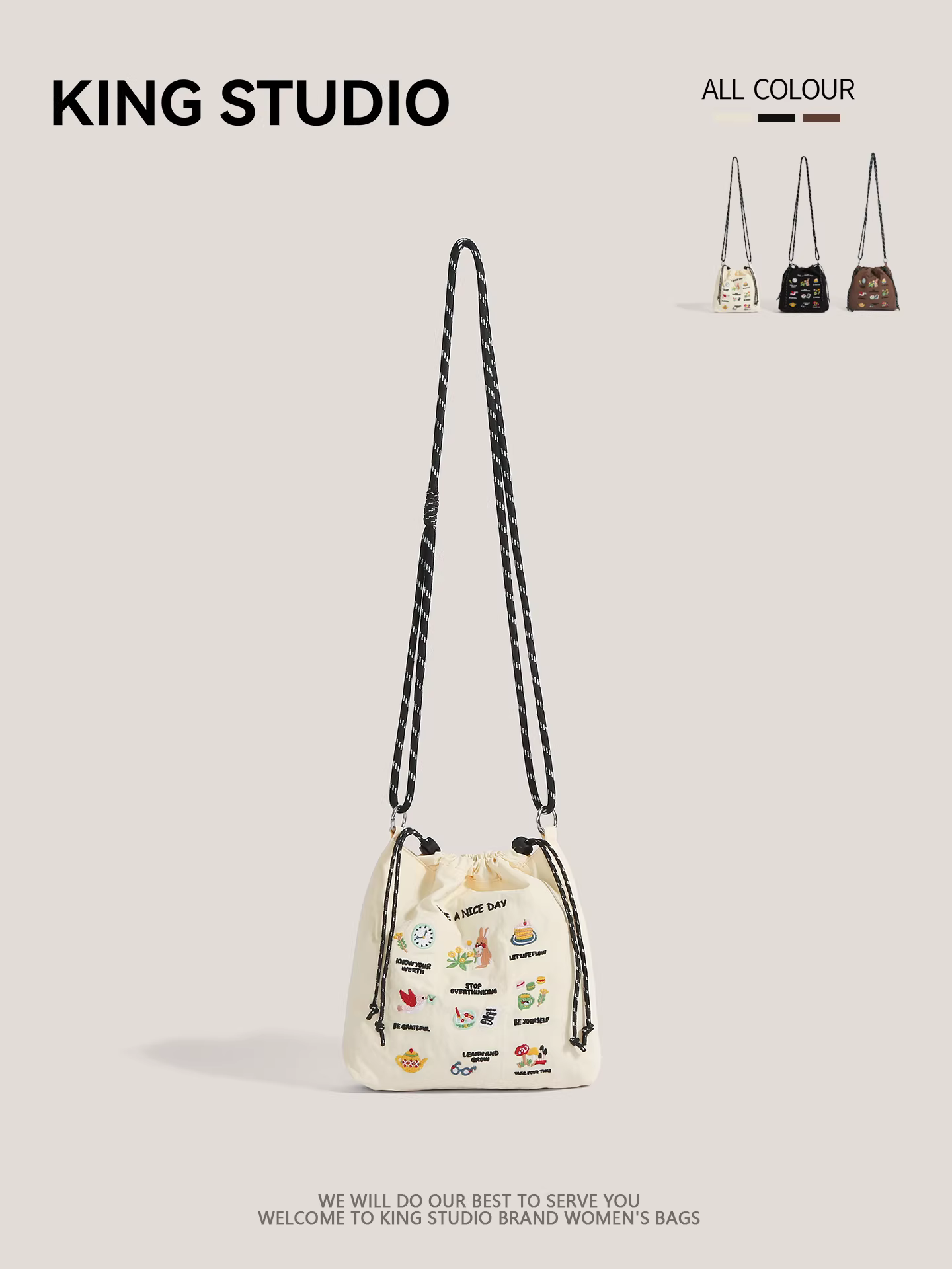 Túi đeo vai nữ chất liệu nylon thêu họa tiết mùa hè, kiểu dáng mới 2025, thiết kế độc đáo, có dây rút, đeo chéo, đựng điện thoại