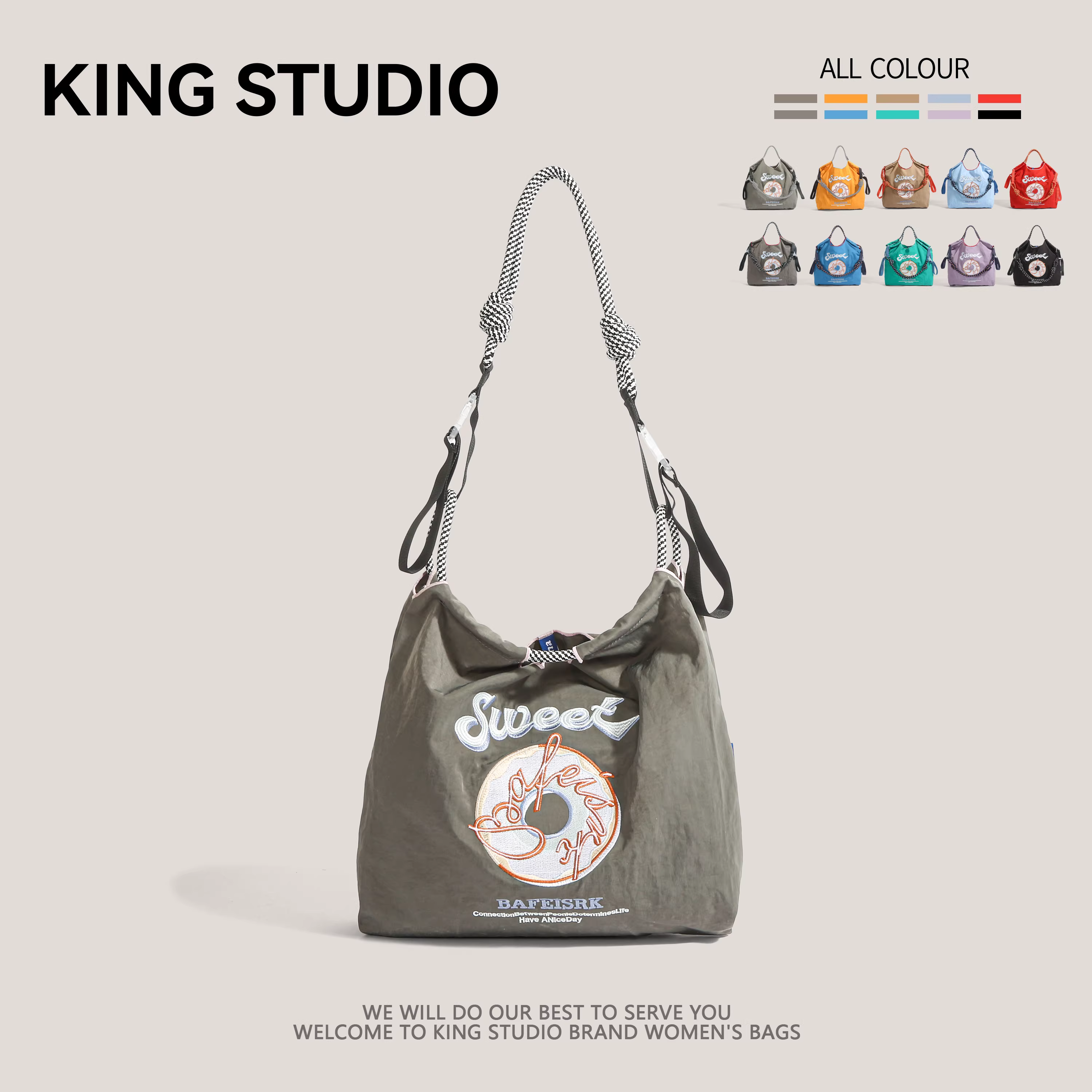 Túi tote đeo vai/chéo chất liệu nylon cao cấp, thân thiện với môi trường, thêu hình cầu Nhật Bản, kiểu dáng tròn, dành cho nữ