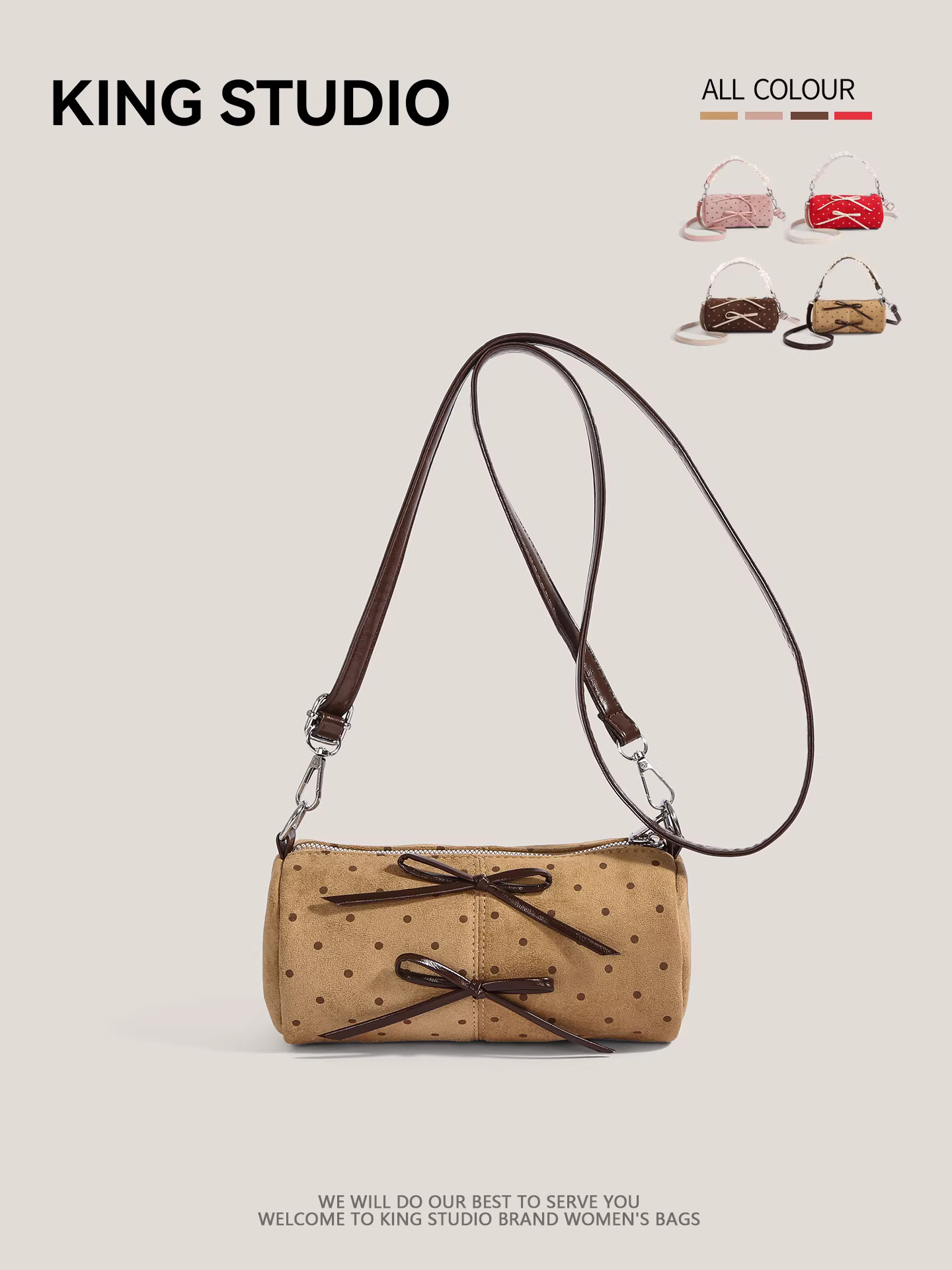 Túi xách nơ chấm bi dễ thương dành cho nữ, mẫu mới 2025, thời trang đa năng, kiểu dáng trụ, thiết kế độc đáo, đeo vai/chéo.