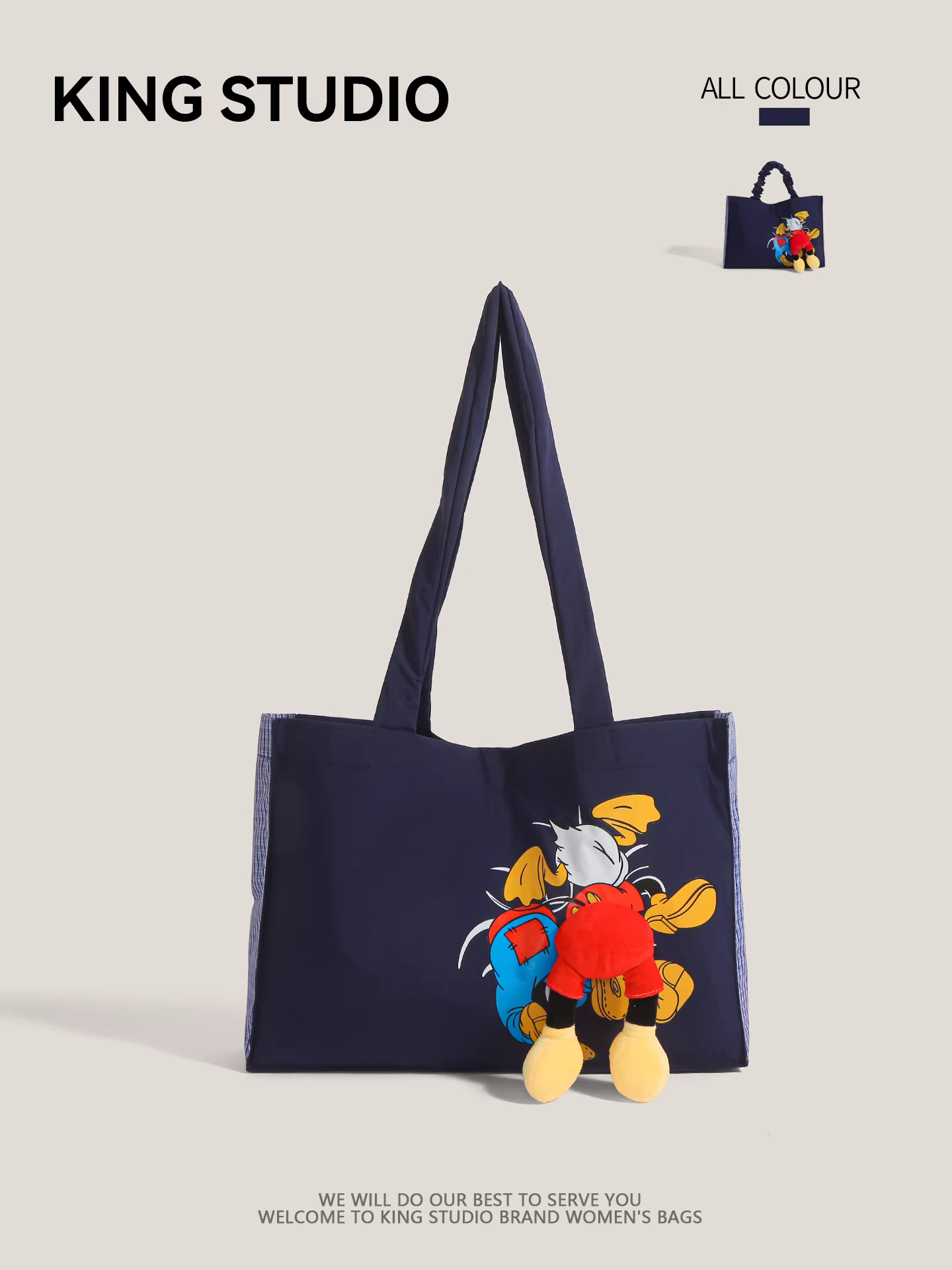 Túi tote denim Hàn Quốc phong cách graffiti dễ thương dành cho nữ, mẫu mới 2025, dung tích lớn, túi đeo vai hình mông vịt Donald