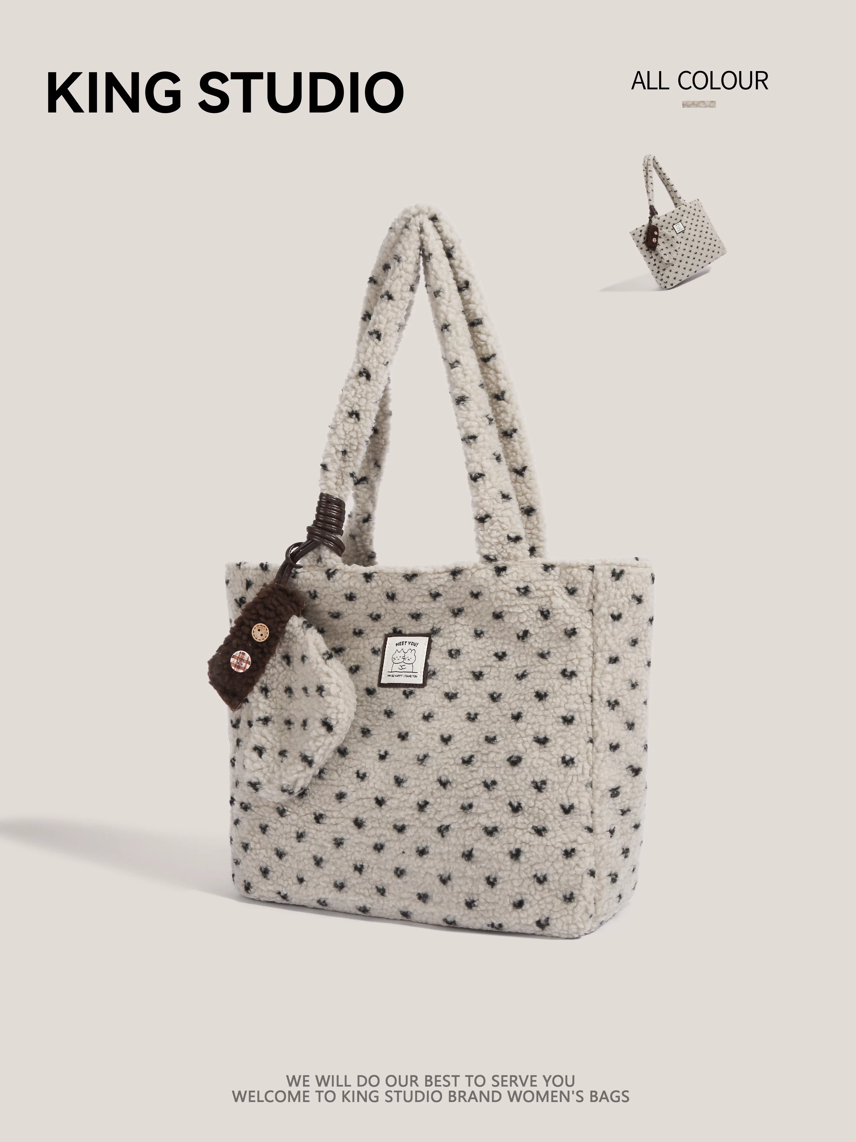 Túi tote len cừu chấm bi phong cách Hàn Quốc dành cho nữ, mẫu mới 2026, thời thượng, độc đáo, retro, đa năng, đeo vai, đi làm