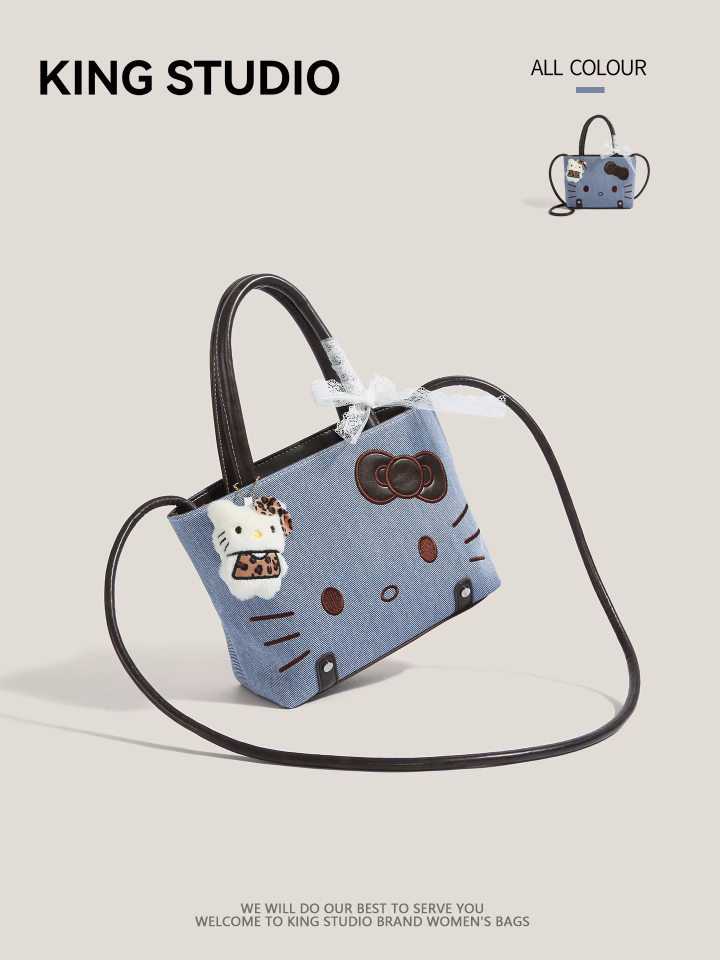 Túi xách denim Hello Kitty dễ thương dành cho nữ, mẫu mới 2025, thời trang, đa năng, đeo vai, đeo chéo