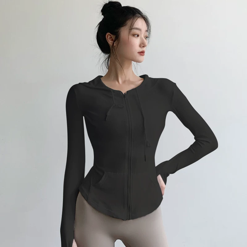 Áo thể thao yoga dành cho nữ, áo khoác thường ngày dáng ôm, nhanh khô, tay dài, có mũ trùm đầu, kiểu mới thu đông, quần áo tập thể dục